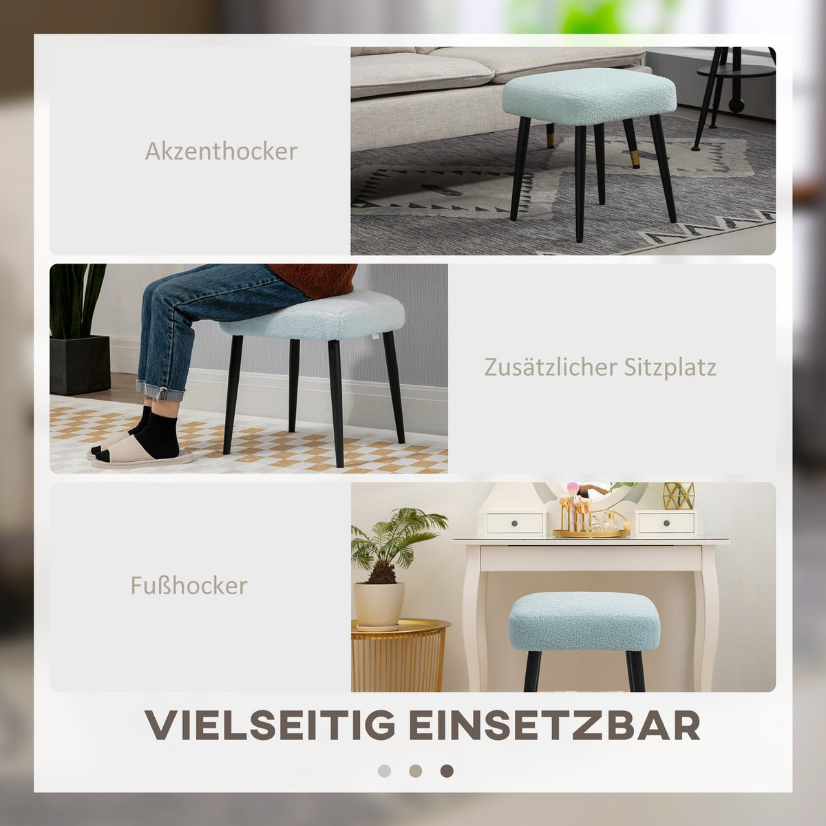 Footstool Stool Square Dressing Stool Footrest with Cashmere Look Steel Legs for Living Room Bedroom Light Blue