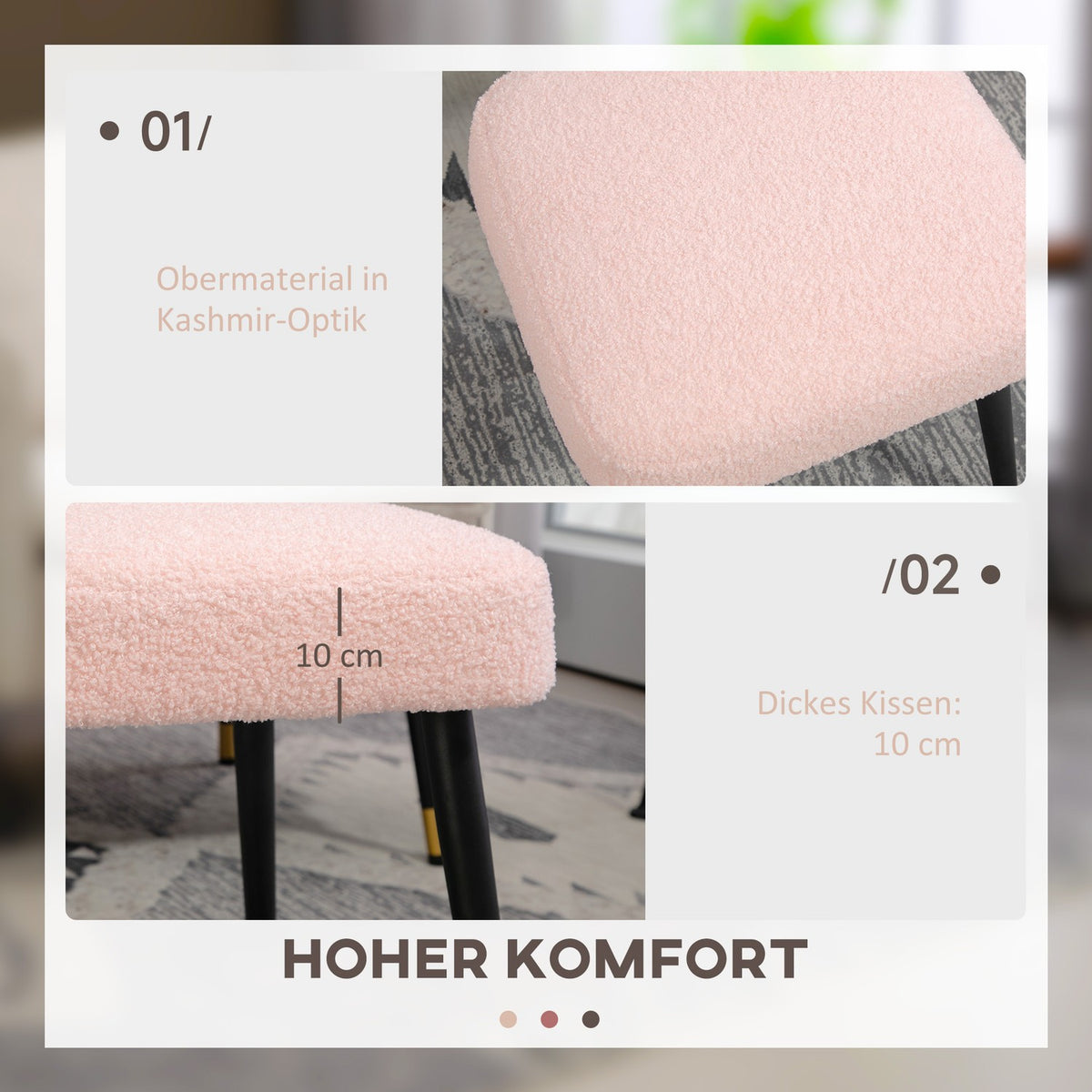 Footstool Stool Square Dressing Stool Footrest with Cashmere Look Steel Legs for Living Room Bedroom Pink