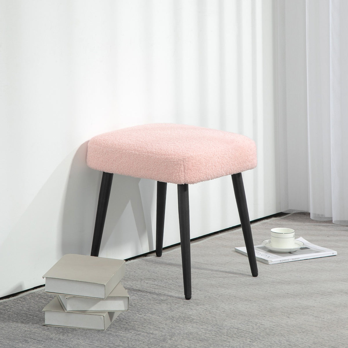 Footstool Stool Square Dressing Stool Footrest with Cashmere Look Steel Legs for Living Room Bedroom Pink