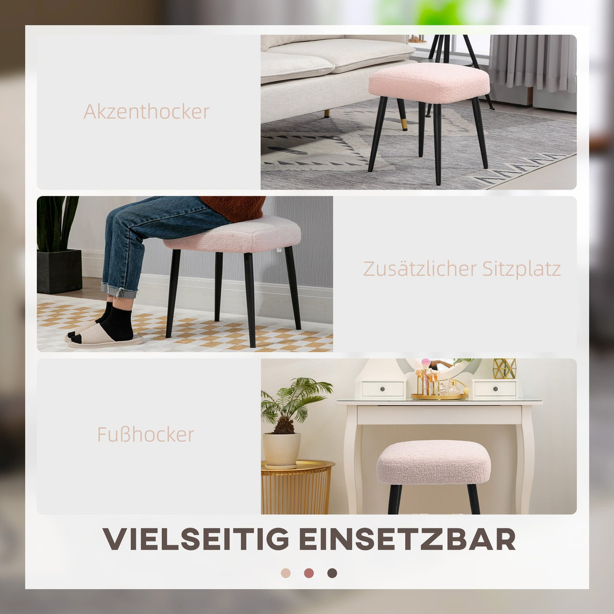 Footstool Stool Square Dressing Stool Footrest with Cashmere Look Steel Legs for Living Room Bedroom Pink