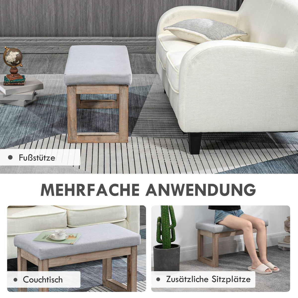 Footstool With Linen Look, Stool With Wooden Legs, Entrance Bench For Living Room, Bedroom, Gray, 68 X 38 X 42 Cm