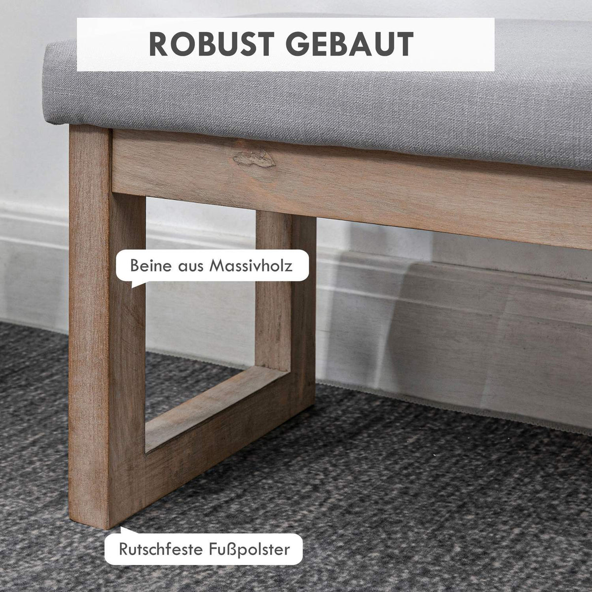Footstool With Linen Look, Stool With Wooden Legs, Entrance Bench For Living Room, Bedroom, Gray, 68 X 38 X 42 Cm