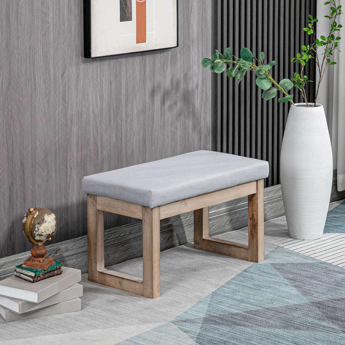Footstool With Linen Look, Stool With Wooden Legs, Entrance Bench For Living Room, Bedroom, Gray, 68 X 38 X 42 Cm