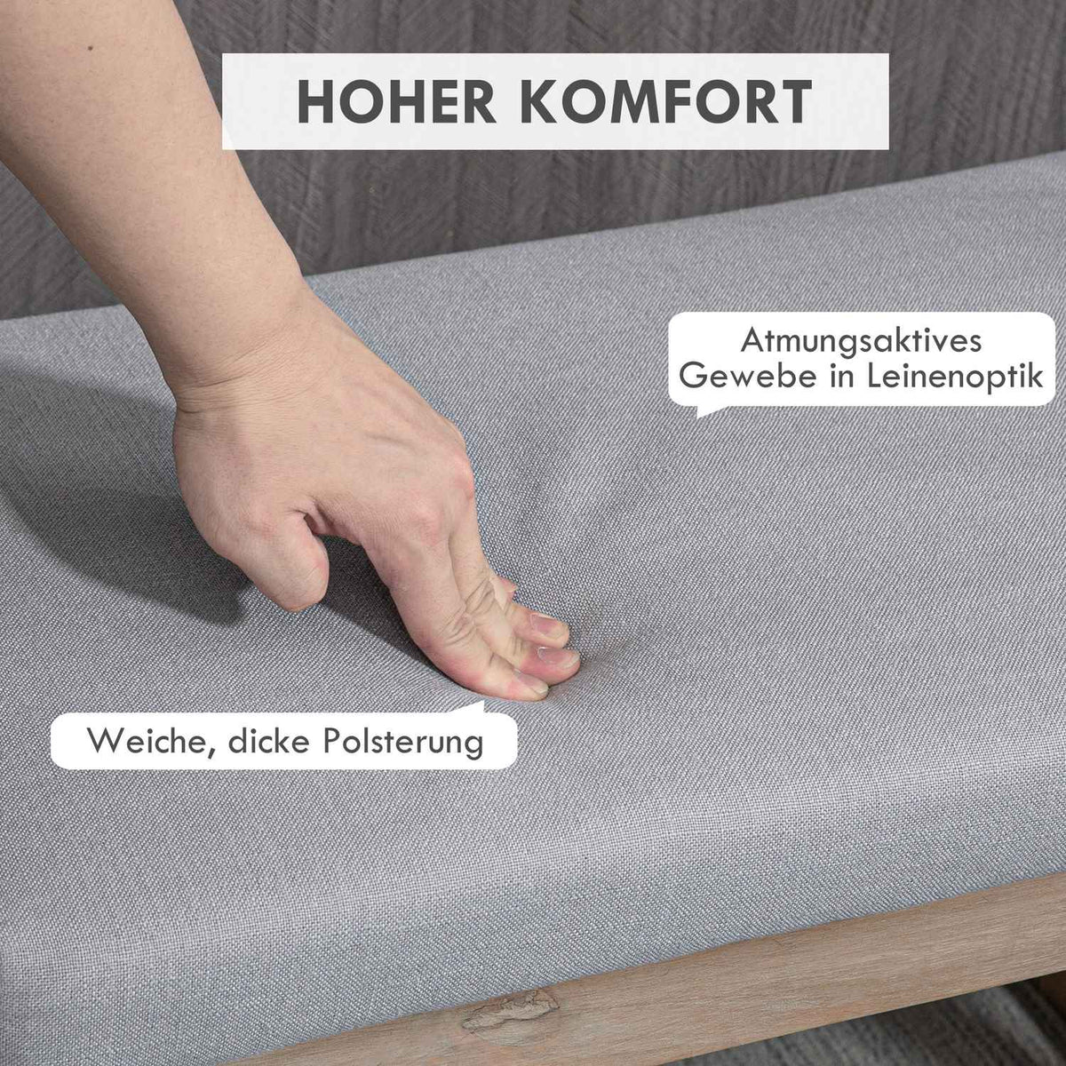 Footstool With Linen Look, Stool With Wooden Legs, Entrance Bench For Living Room, Bedroom, Gray, 68 X 38 X 42 Cm