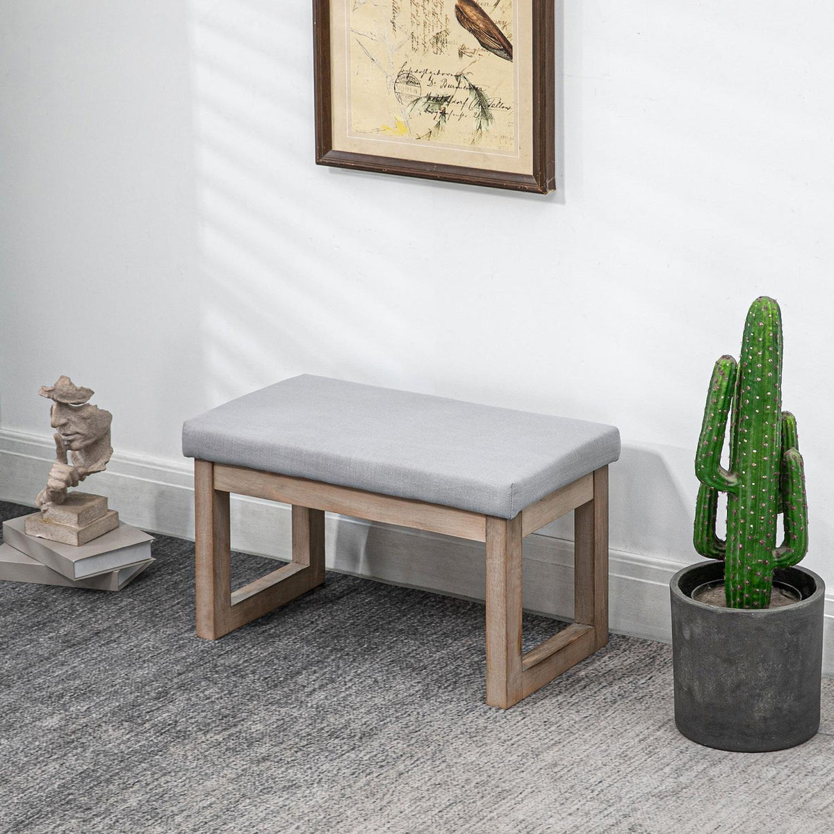 Footstool With Linen Look, Stool With Wooden Legs, Entrance Bench For Living Room, Bedroom, Gray, 68 X 38 X 42 Cm