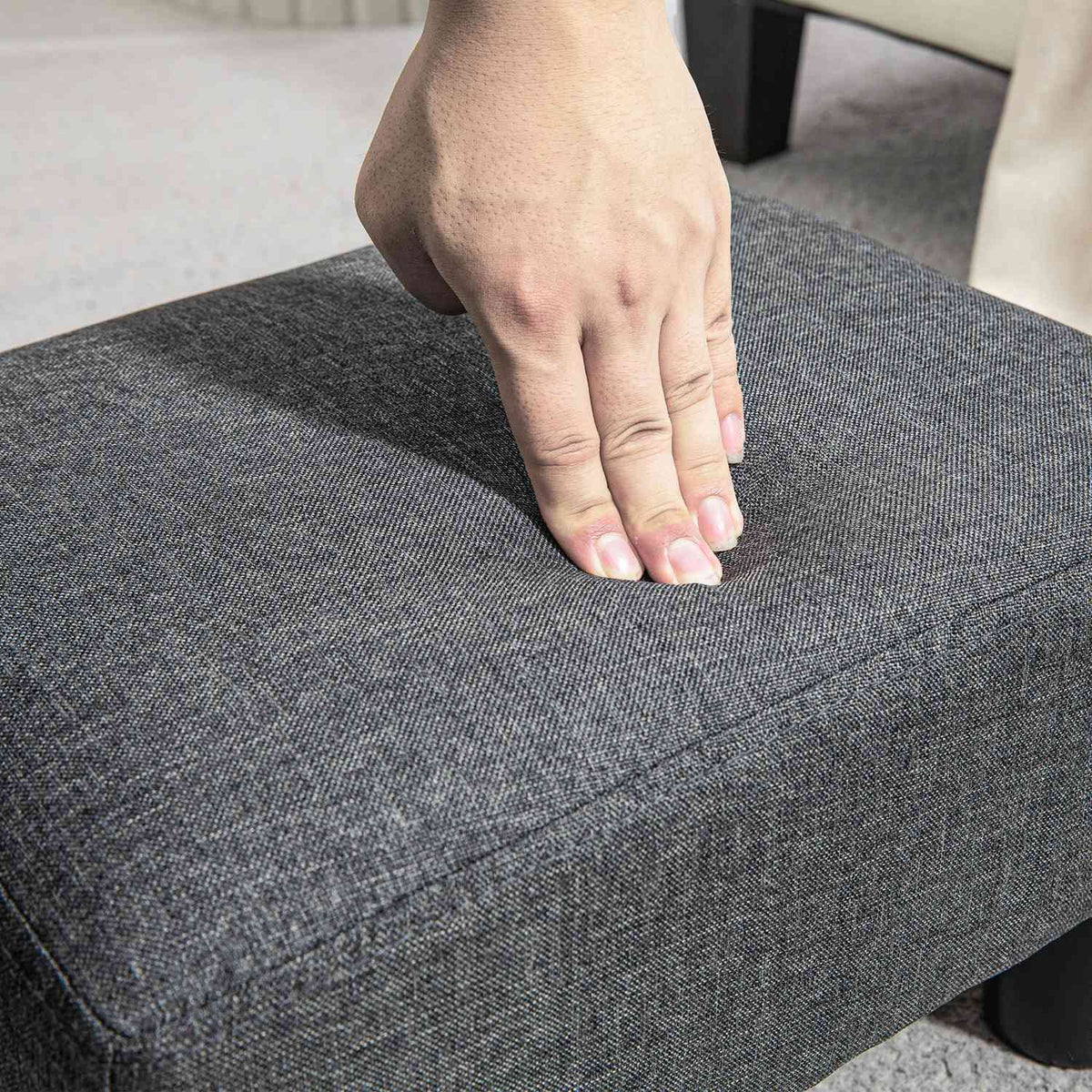 Footstool, seat stool with linen-like fabric cover, foam filling, plastic legs, for various rooms, grey