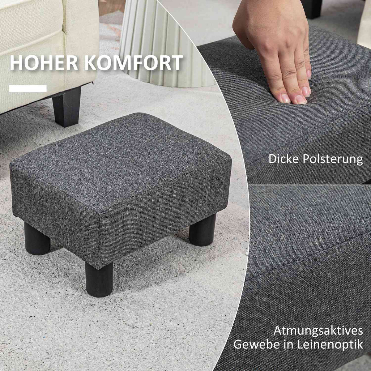 Footstool, seat stool with linen-like fabric cover, foam filling, plastic legs, for various rooms, grey