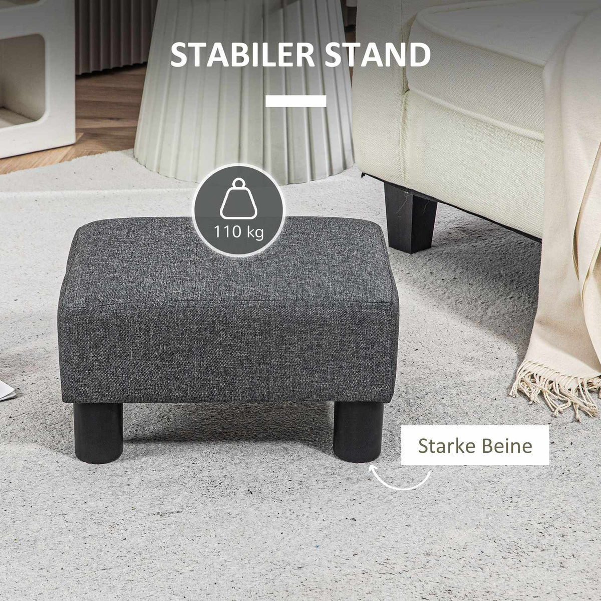 Footstool, seat stool with linen-like fabric cover, foam filling, plastic legs, for various rooms, grey