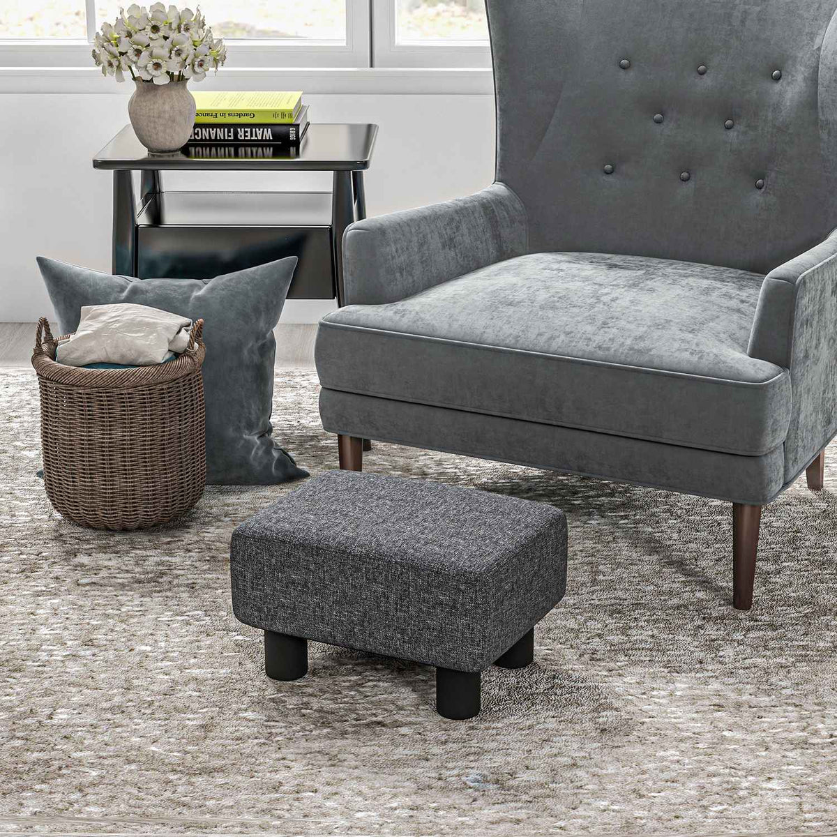 Footstool, seat stool with linen-like fabric cover, foam filling, plastic legs, for various rooms, grey