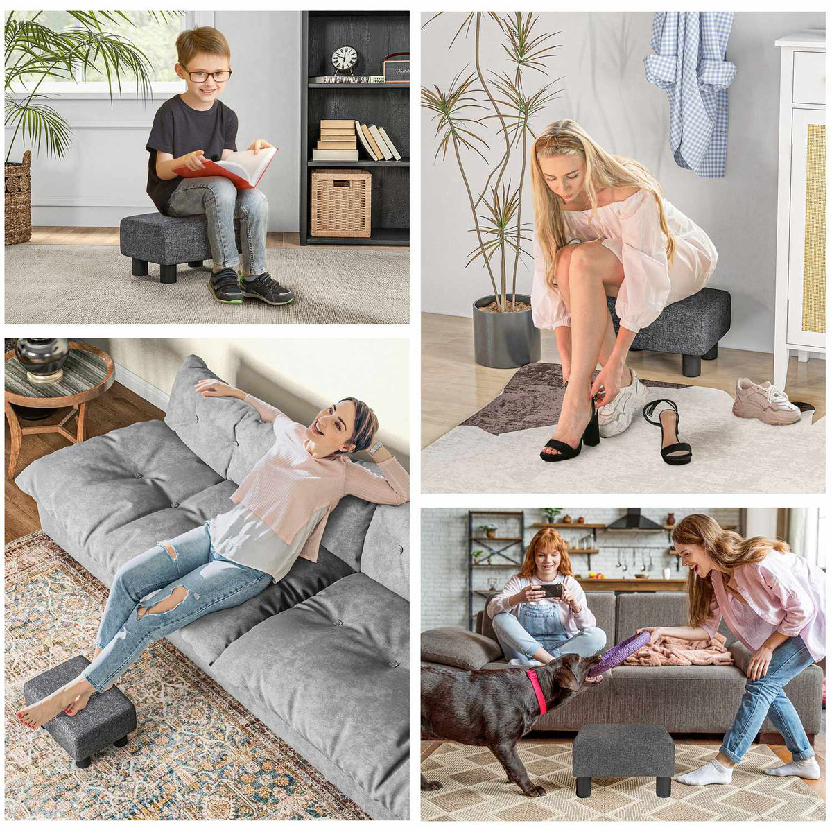Footstool, seat stool with linen-like fabric cover, foam filling, plastic legs, for various rooms, grey
