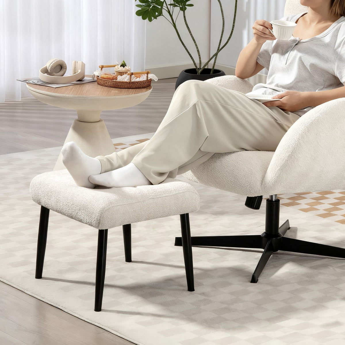 Footstool with Chenille Cushion, Steel Legs, 45x41x38 cm