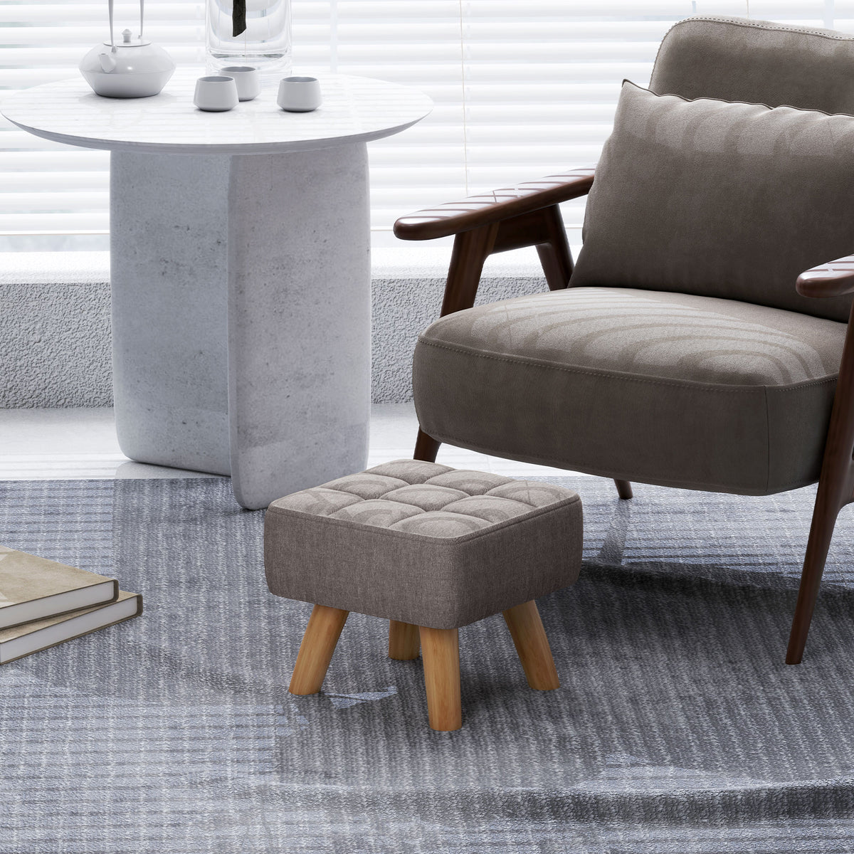 Footstool with upholstery, linen look, wooden legs, load capacity up to 110 kg, grey