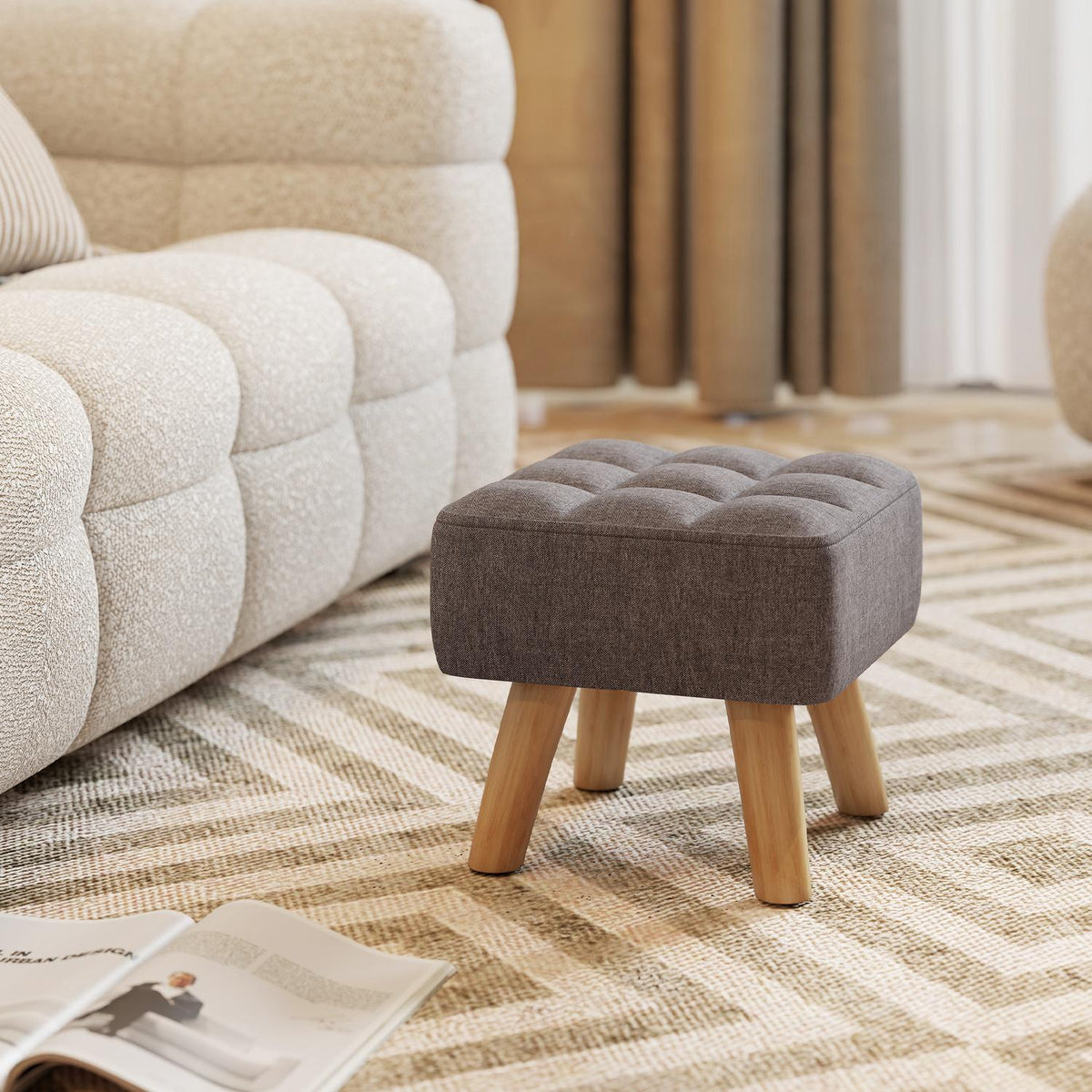 Footstool with upholstery, linen look, wooden legs, load capacity up to 110 kg, grey