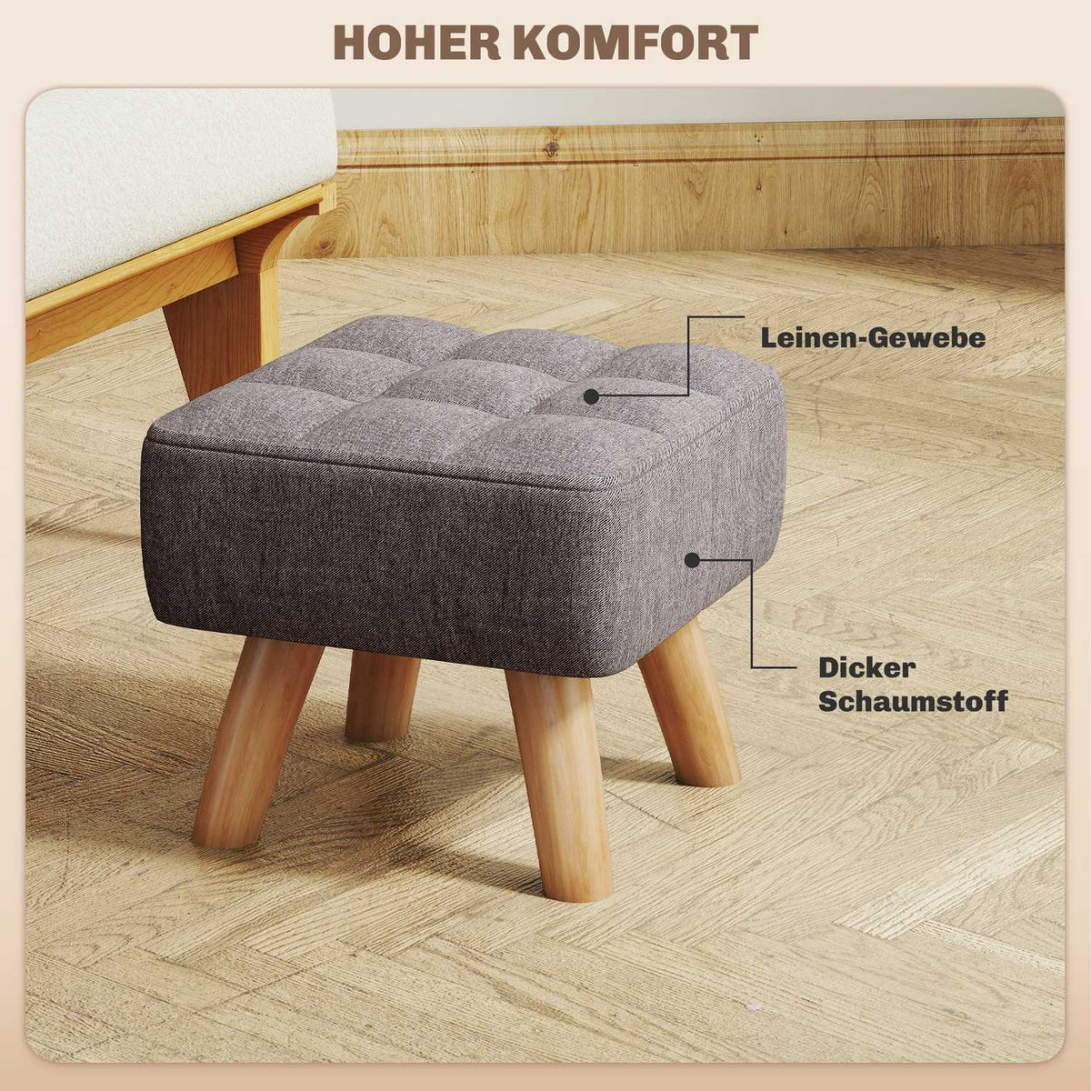 Footstool with upholstery, linen look, wooden legs, load capacity up to 110 kg, grey