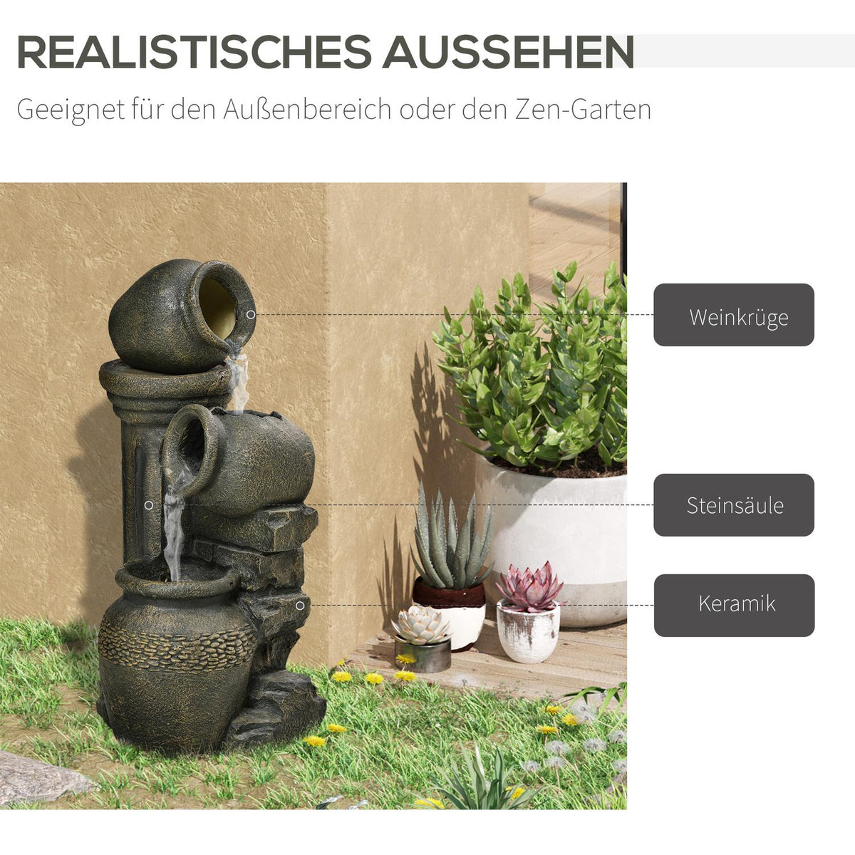 Fountain, Garden Fountain With Adjustable Flow, Decorative Fountain With 3 Tier Wine Jugs, Water Feature, Waterfall, Resin