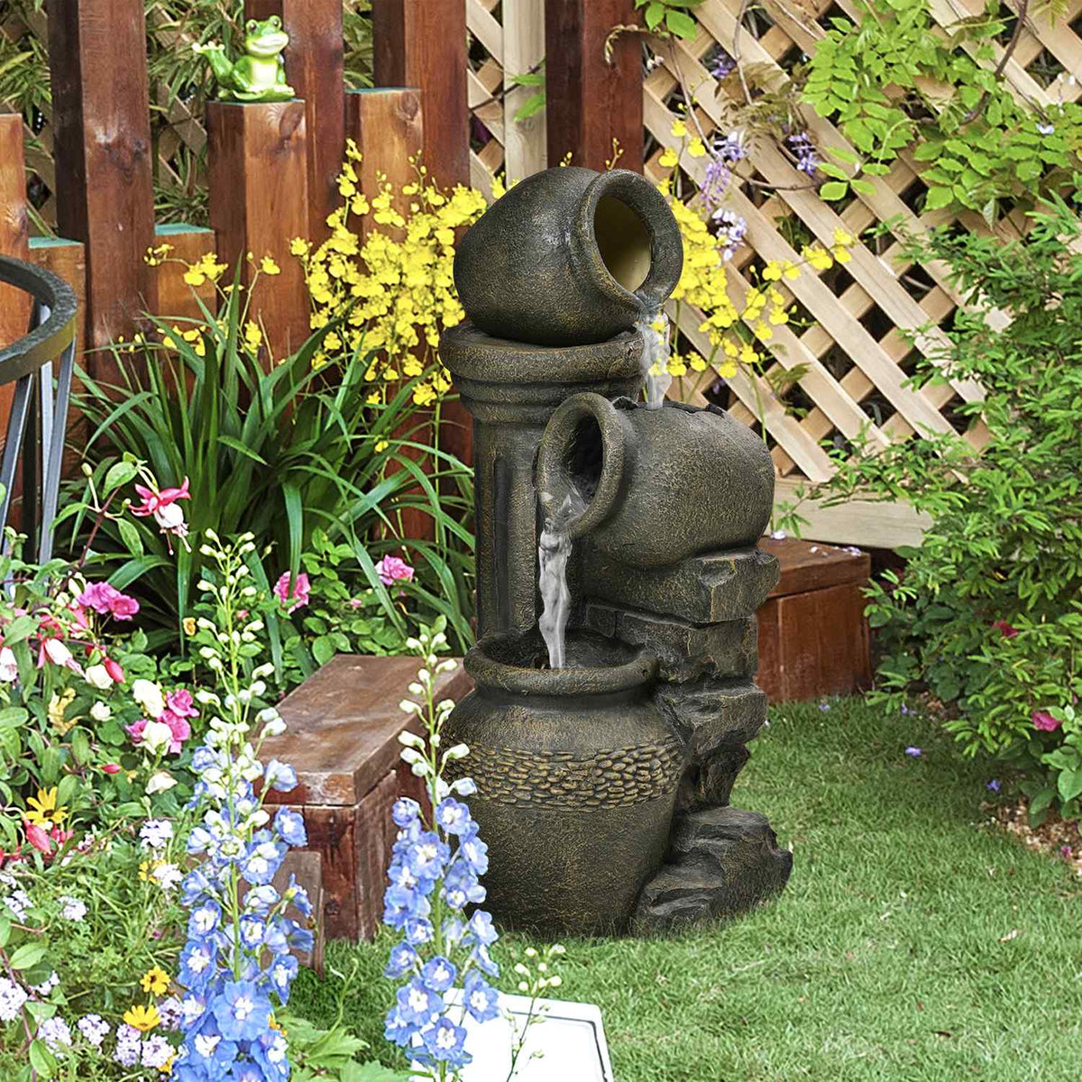 Fountain, Garden Fountain With Adjustable Flow, Decorative Fountain With 3 Tier Wine Jugs, Water Feature, Waterfall, Resin