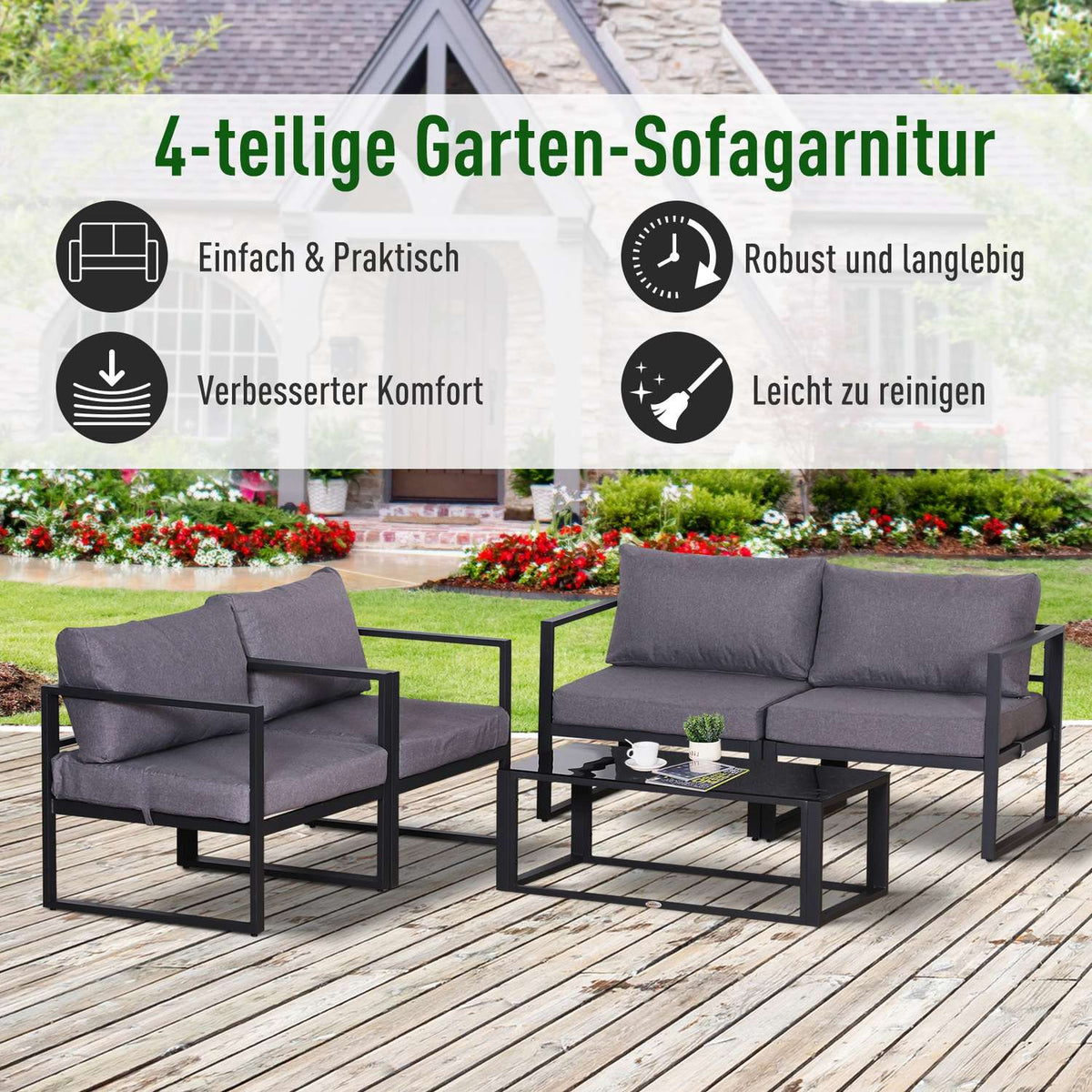 Four-Piece Garden Furniture Set, Seating Area, Sofa With Seat Cushions, Table With Storage Space, Polyester, Gray, 138 X 69 X 63 Cm