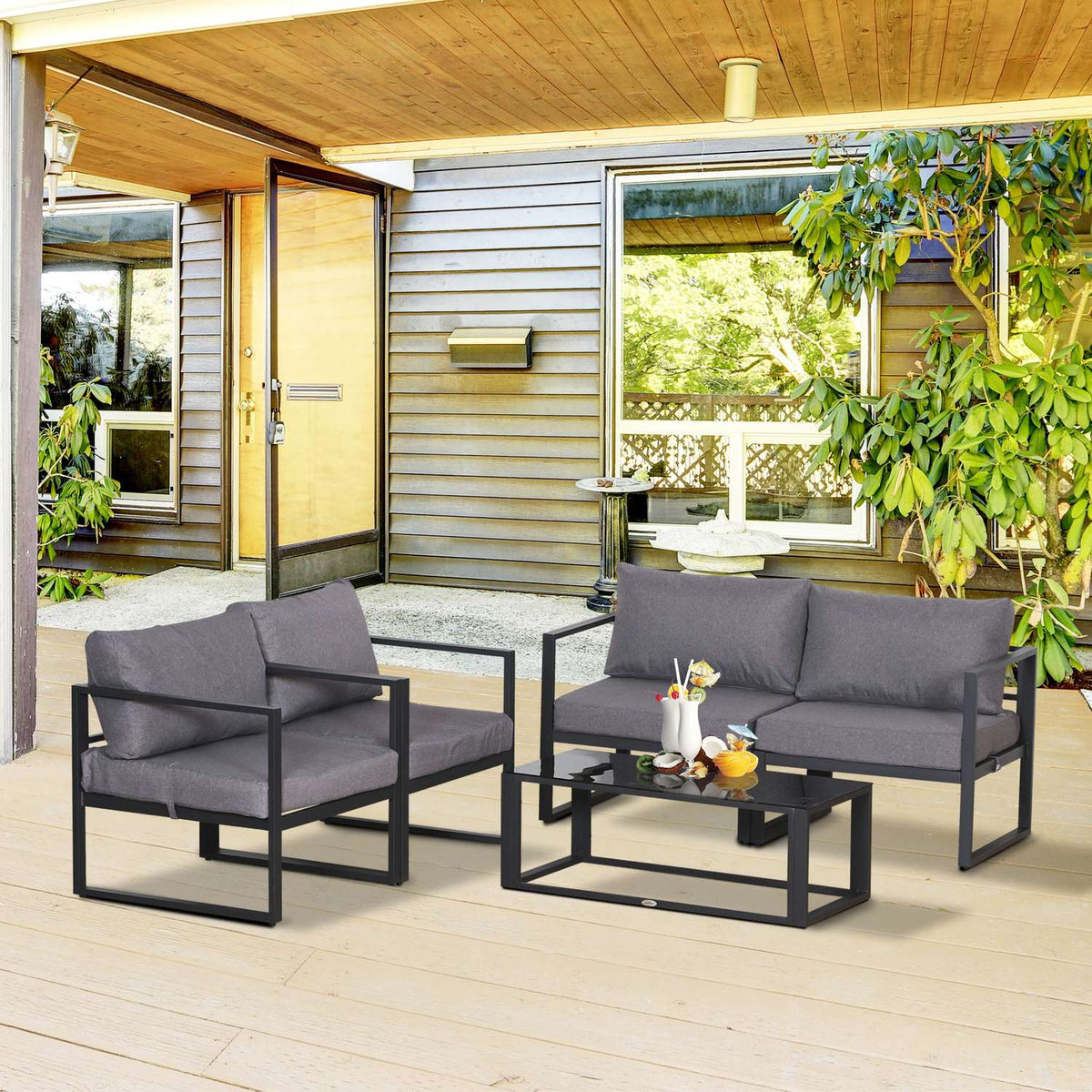 Four-Piece Garden Furniture Set, Seating Area, Sofa With Seat Cushions, Table With Storage Space, Polyester, Gray, 138 X 69 X 63 Cm