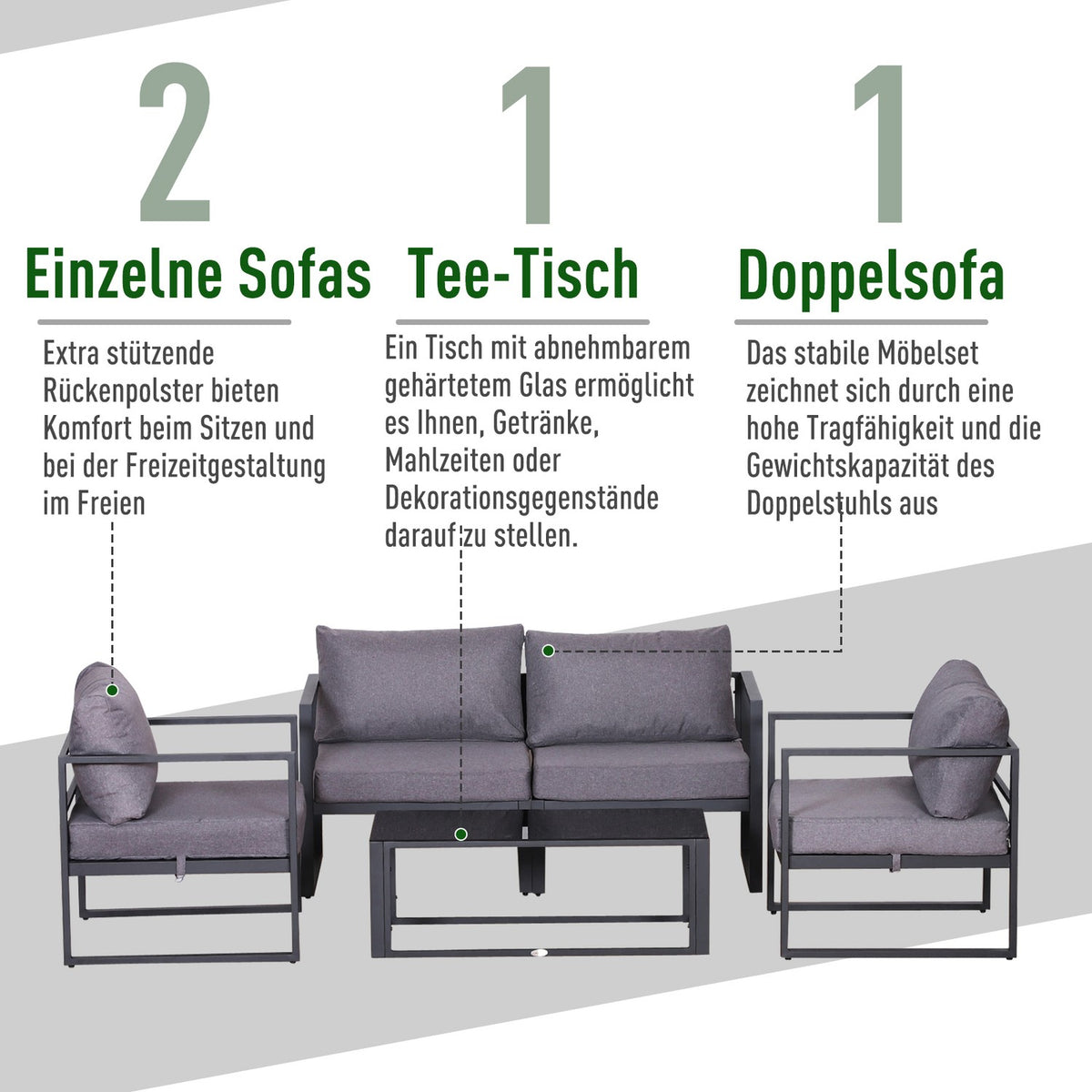 Four-Piece Garden Furniture Set, Seating Area, Sofa With Seat Cushions, Table With Storage Space, Polyester, Gray, 138 X 69 X 63 Cm