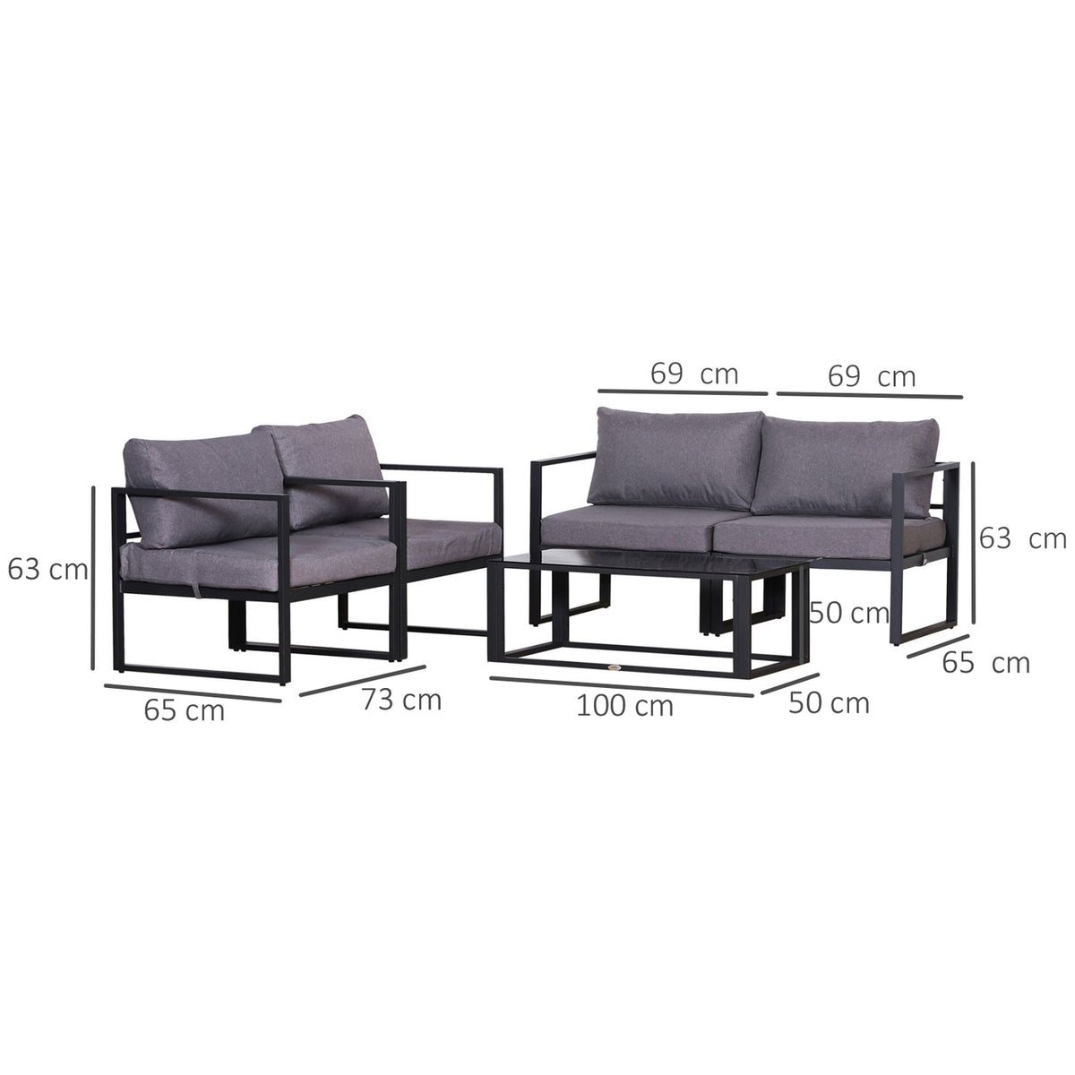 Four-Piece Garden Furniture Set, Seating Area, Sofa With Seat Cushions, Table With Storage Space, Polyester, Gray, 138 X 69 X 63 Cm