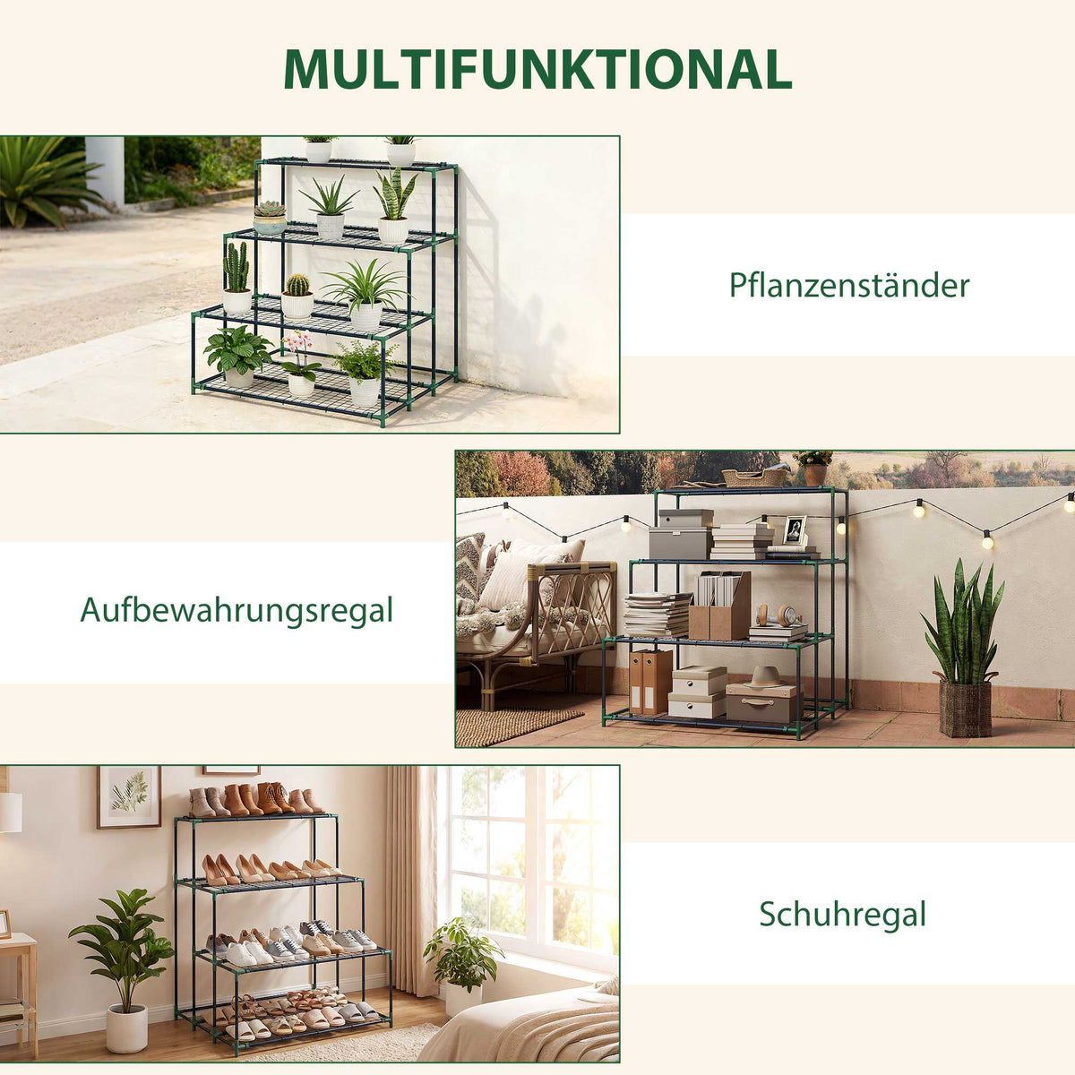 Four-Tier Plant Stand, Dark Green Steel, 10kg Per Shelf