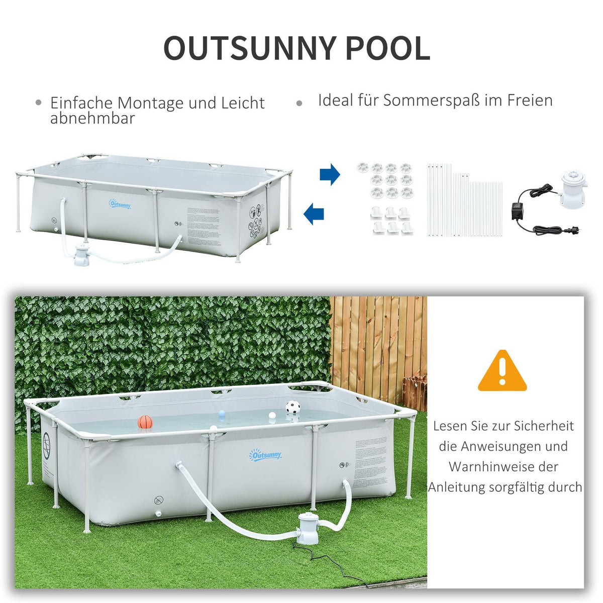 Frame Pool With Hose, Wire, Drain Valve, 1000D Pvc, Steel, Gray, 252X152X65Cm