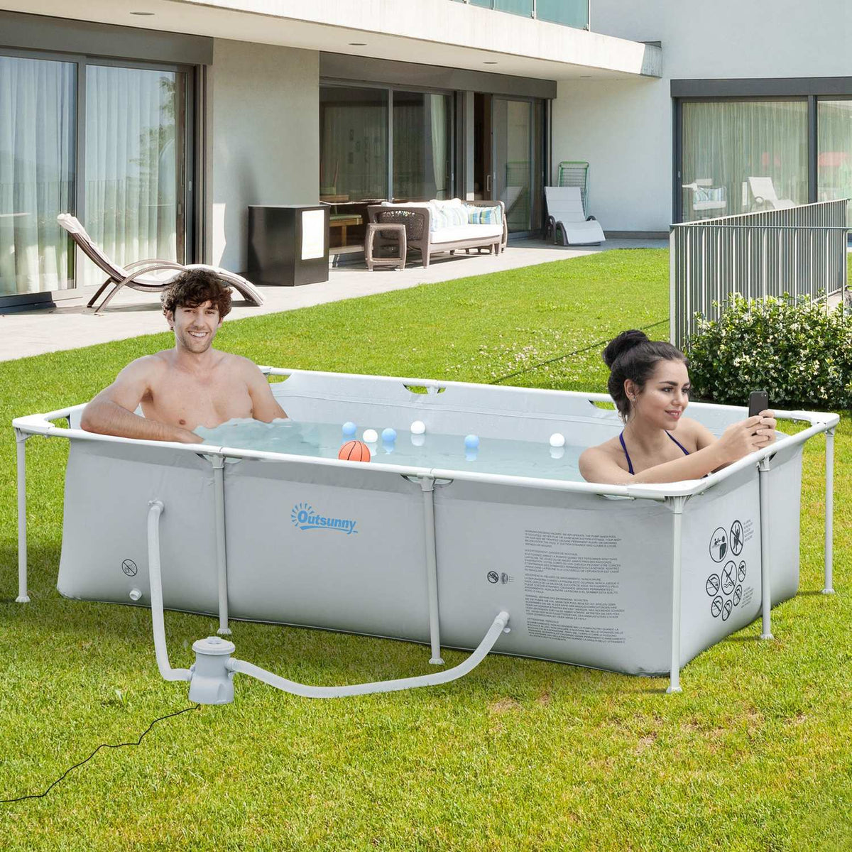 Frame Pool With Hose, Wire, Drain Valve, 1000D Pvc, Steel, Gray, 252X152X65Cm