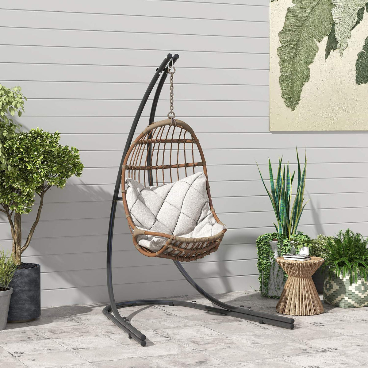 Frame for hanging chair in C-shape metal stand with base for hanging seat hanging chair, hanging swing hammock frame up to 150kg, hanging chair frame for indoor outdoor balcony, terrace black