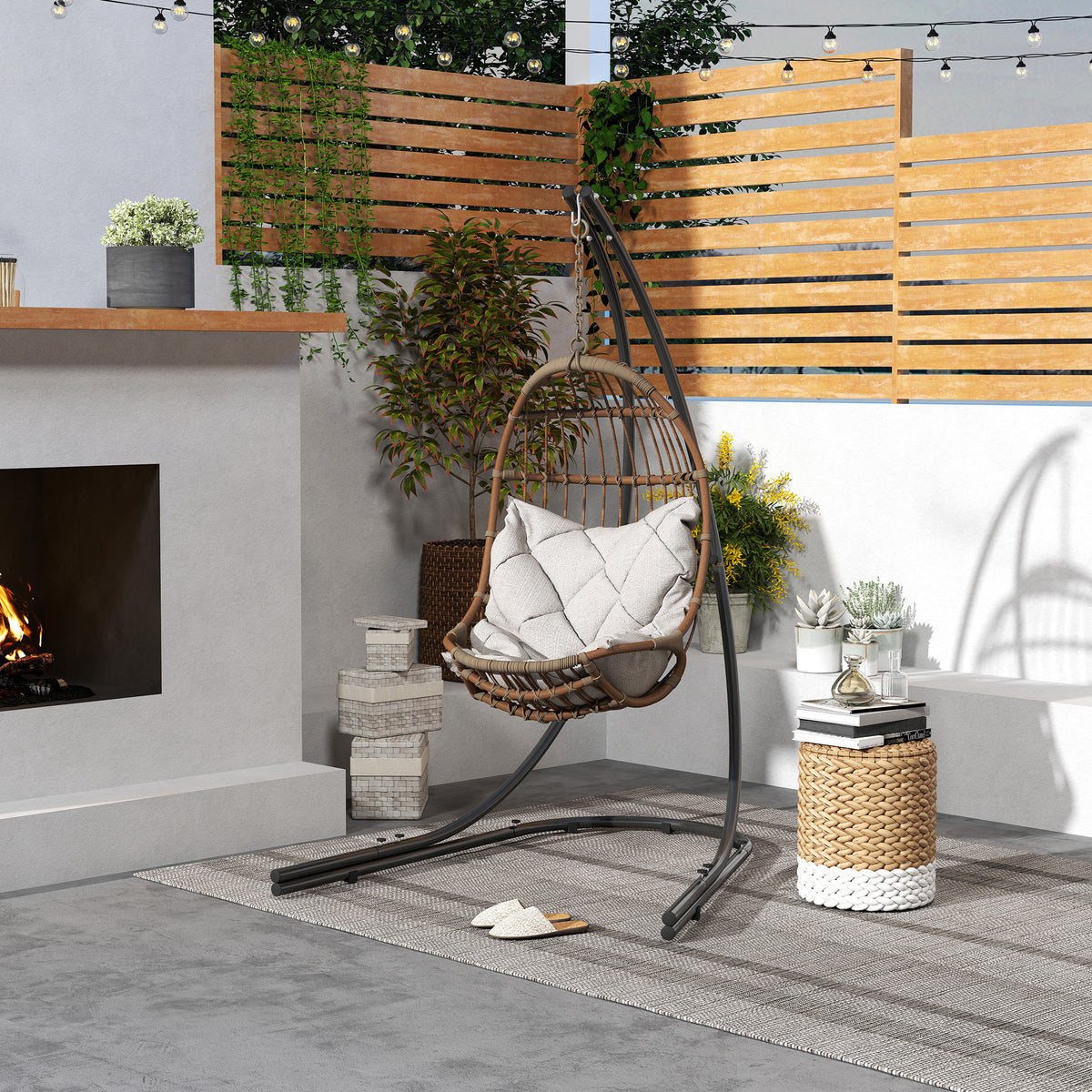 Frame for hanging chair in C-shape metal stand with base for hanging seat hanging chair, hanging swing hammock frame up to 150kg, hanging chair frame for indoor outdoor balcony, terrace black