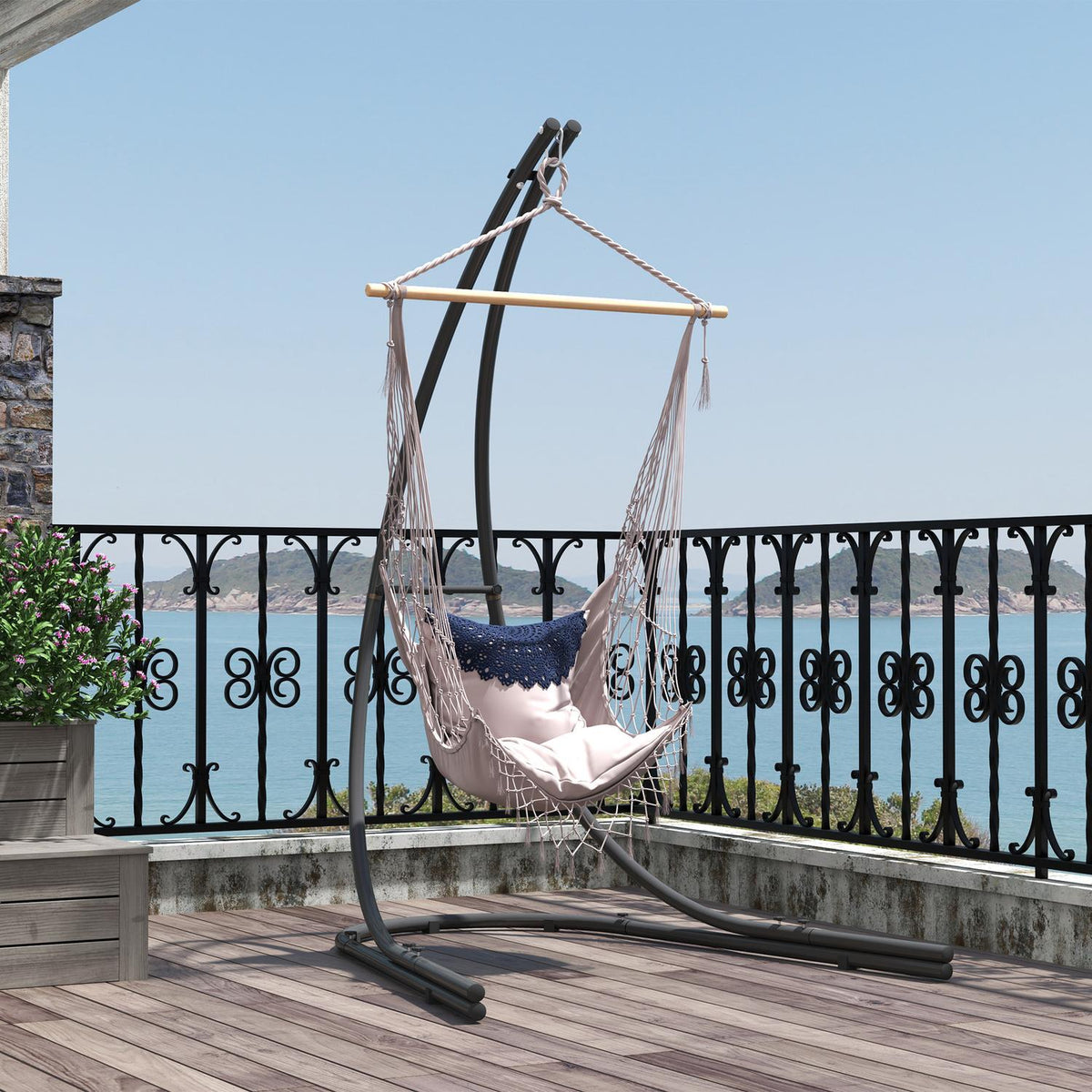Frame for hanging chair in C-shape metal stand with base for hanging seat hanging chair, hanging swing hammock frame up to 150kg, hanging chair frame for indoor outdoor balcony, terrace black