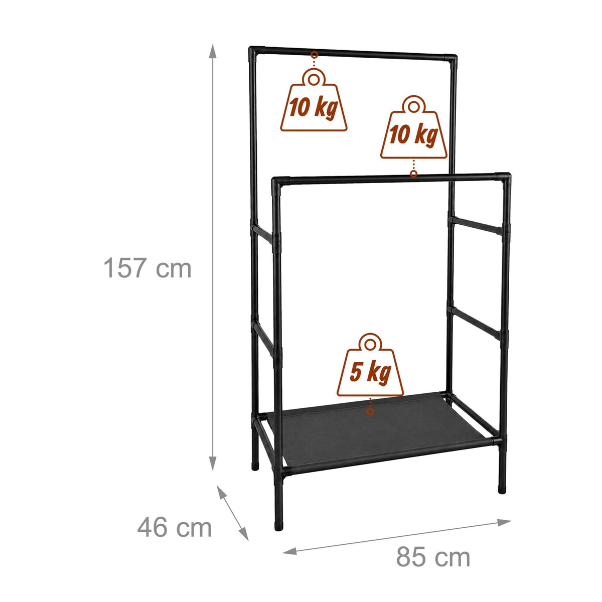 Free-Standing Black Clothes Rack with 2 Shelves