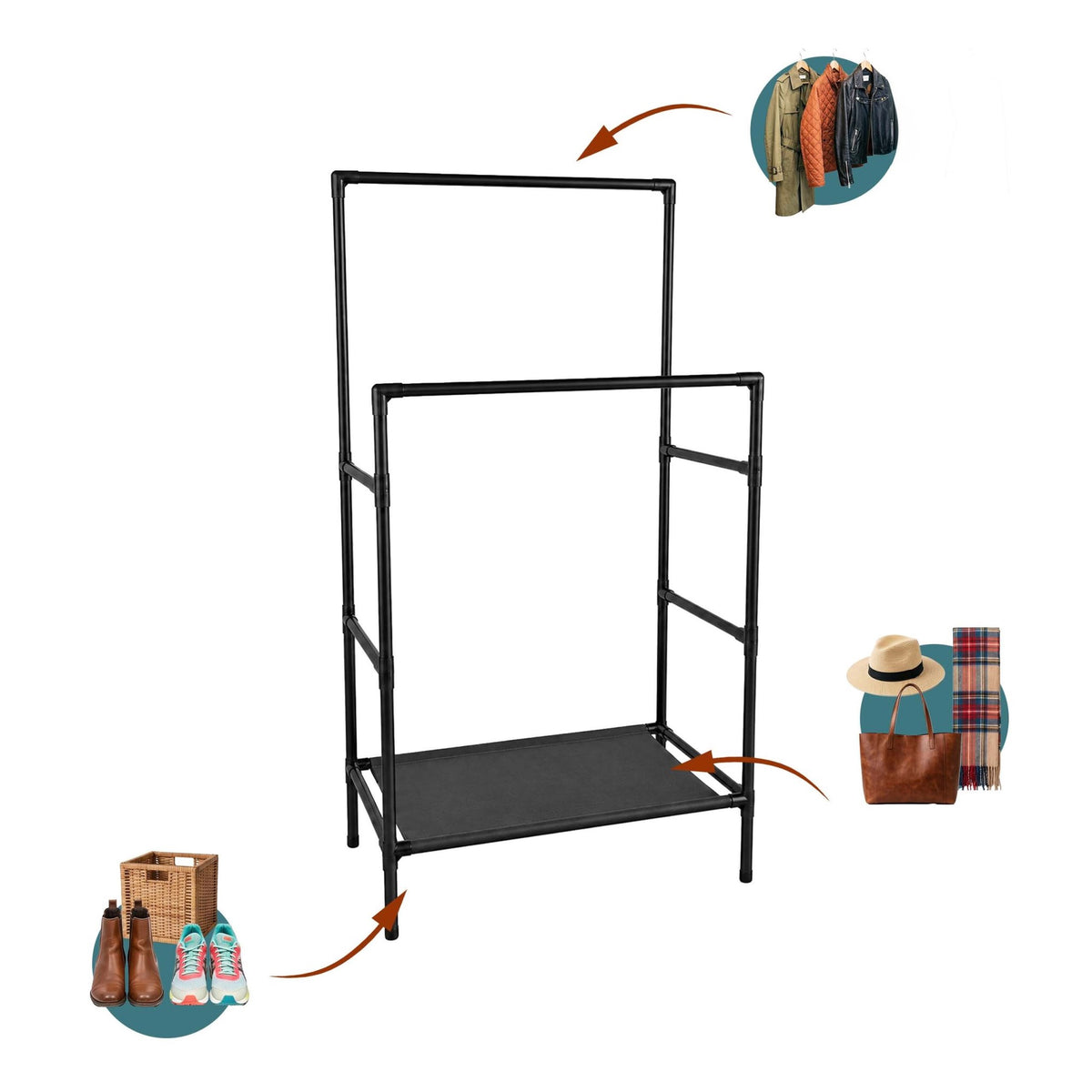 Free-Standing Black Clothes Rack with 2 Shelves