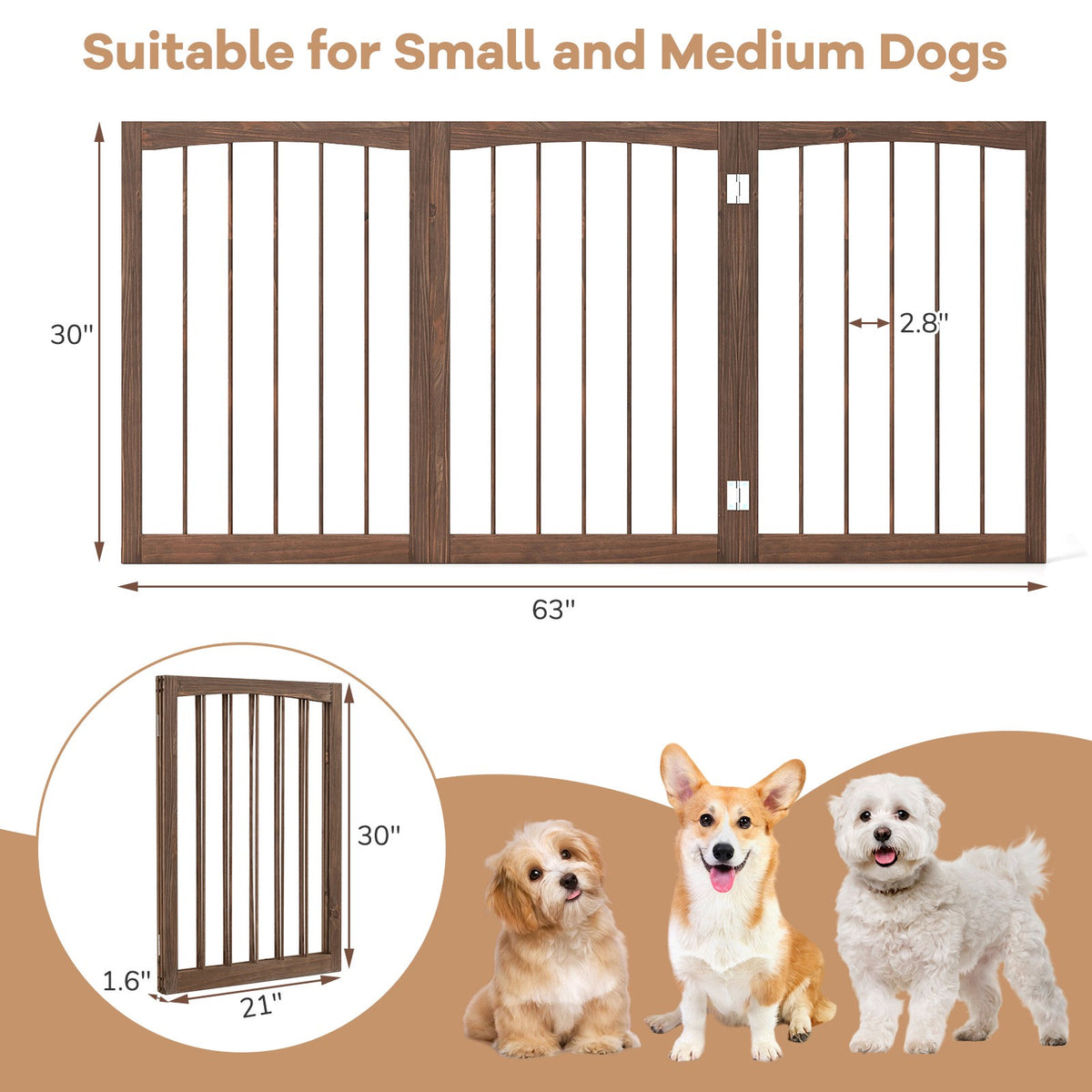 Freestanding 3-Panel Wooden Dog Gate, 76 cm Brown