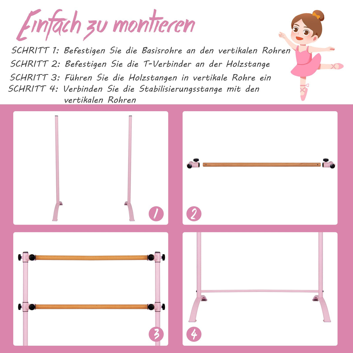 Freestanding Ballet Barre, Adjustable Height, Double Wood Bars
