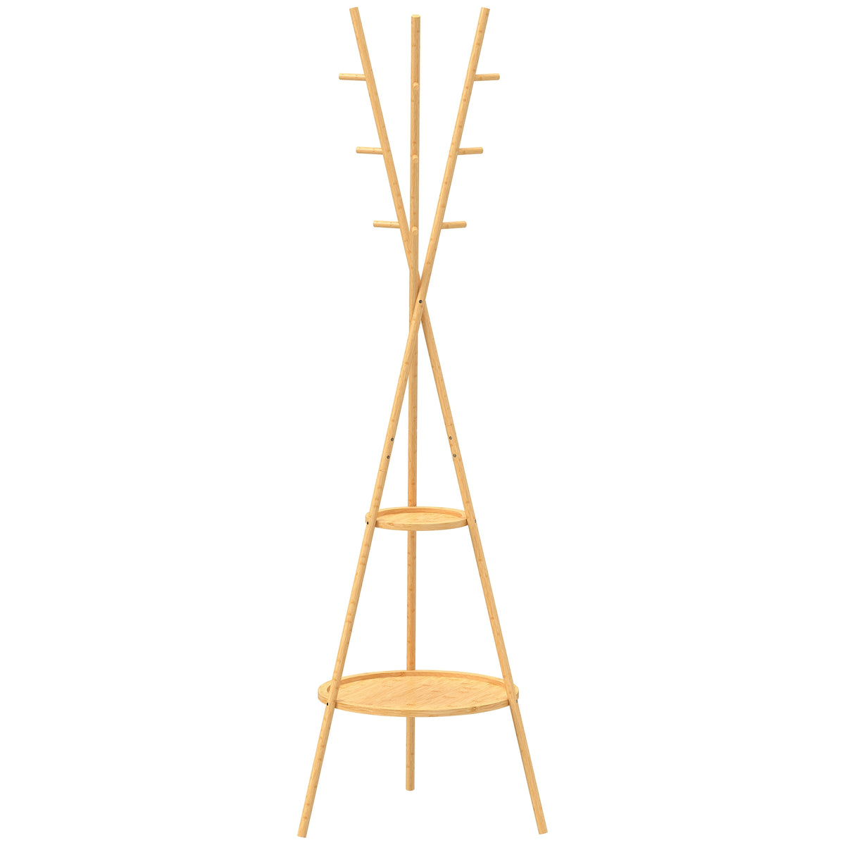 Freestanding Bamboo Coat Rack, 9 Hooks, 2 Shelves, Natural