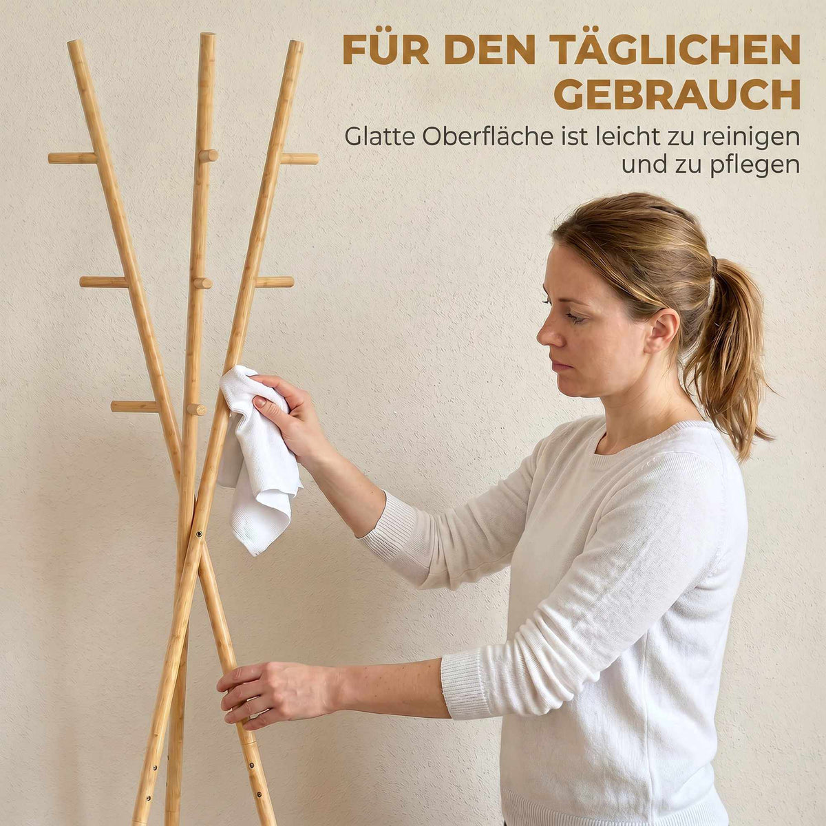 Freestanding Bamboo Coat Rack, 9 Hooks, 2 Shelves, Natural