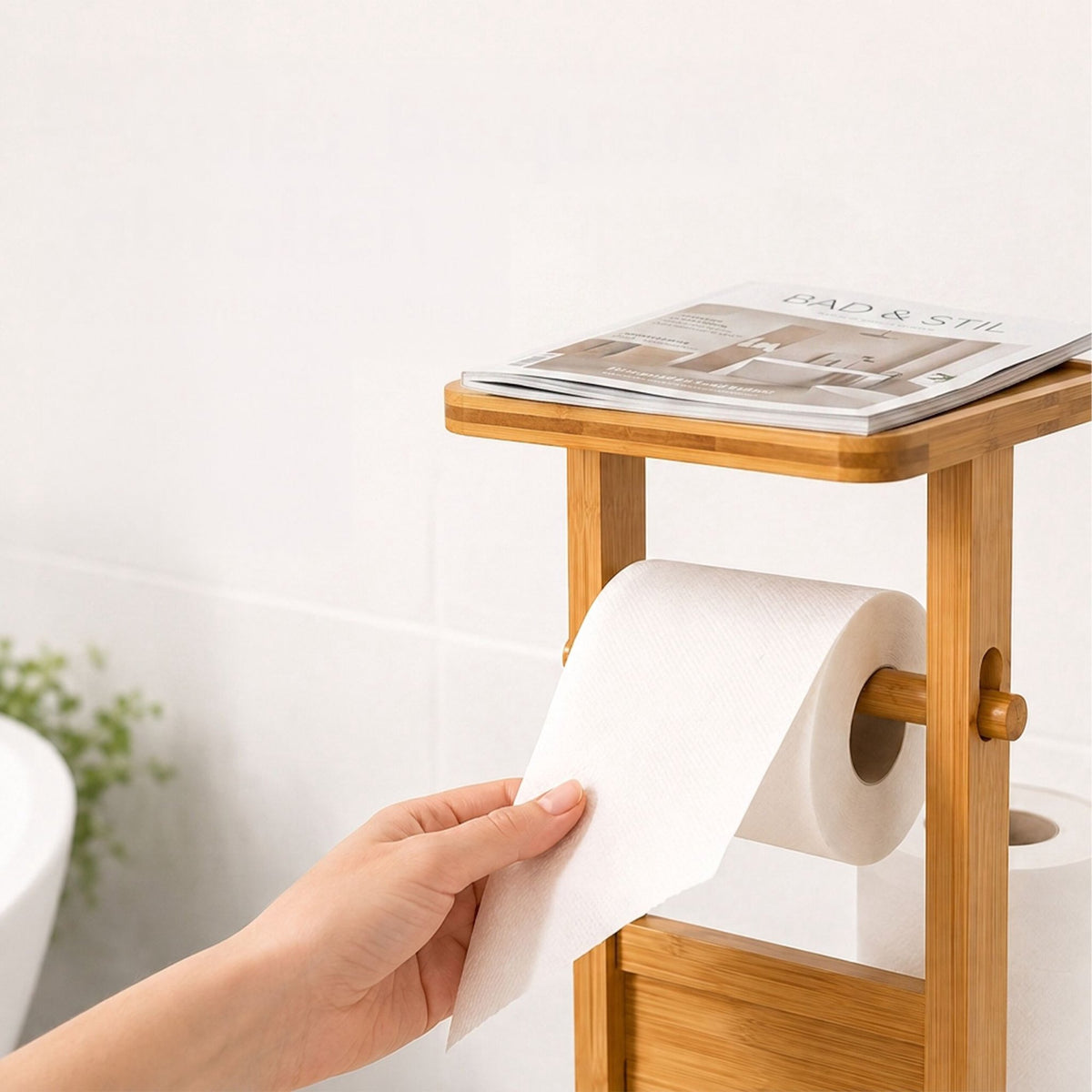 Freestanding Bamboo Toilet Roll Holder with Shelf