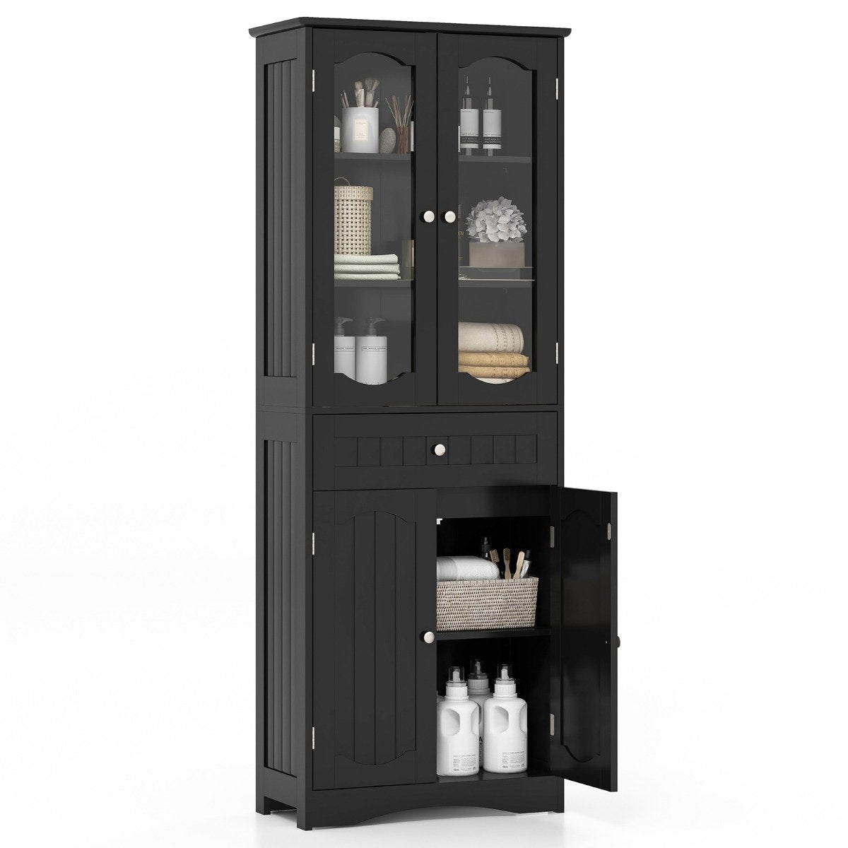 Freestanding Bathroom Cabinet, Black, 4 Doors & Drawer, 160cm