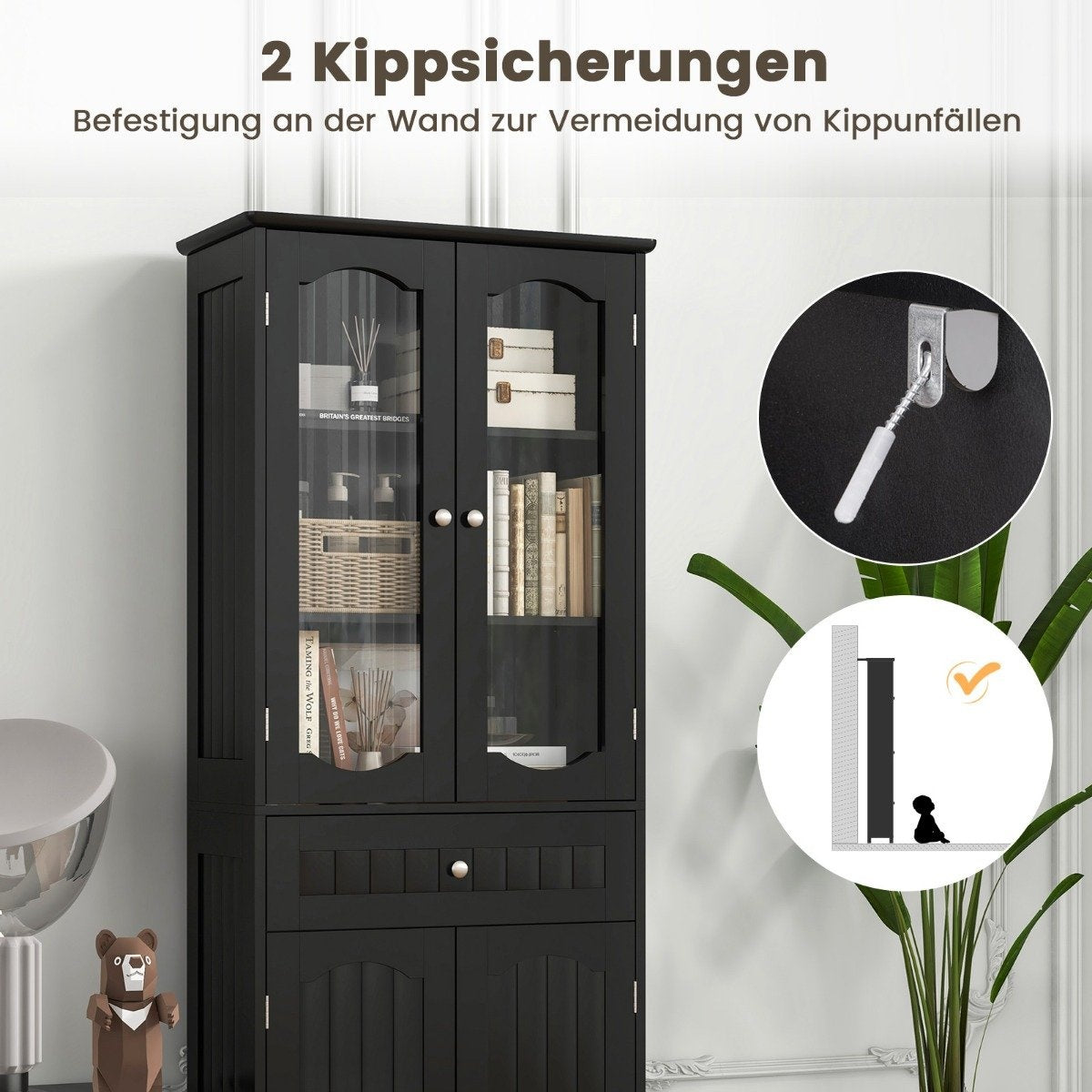 Freestanding Bathroom Cabinet, Black, 4 Doors & Drawer, 160cm