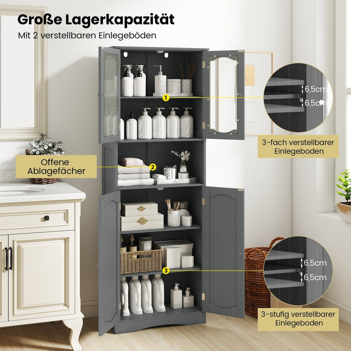 Freestanding Bathroom Cabinet with 4 Doors, Adjustable Shelves