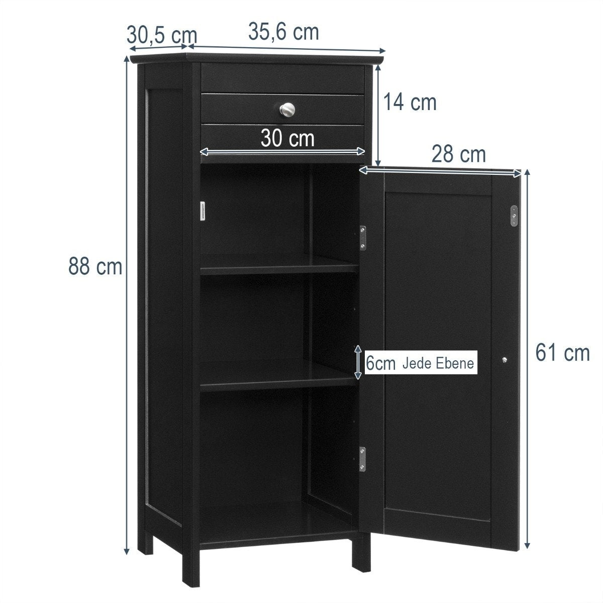 Freestanding Bathroom Cabinet with Drawer & Shelves, Black