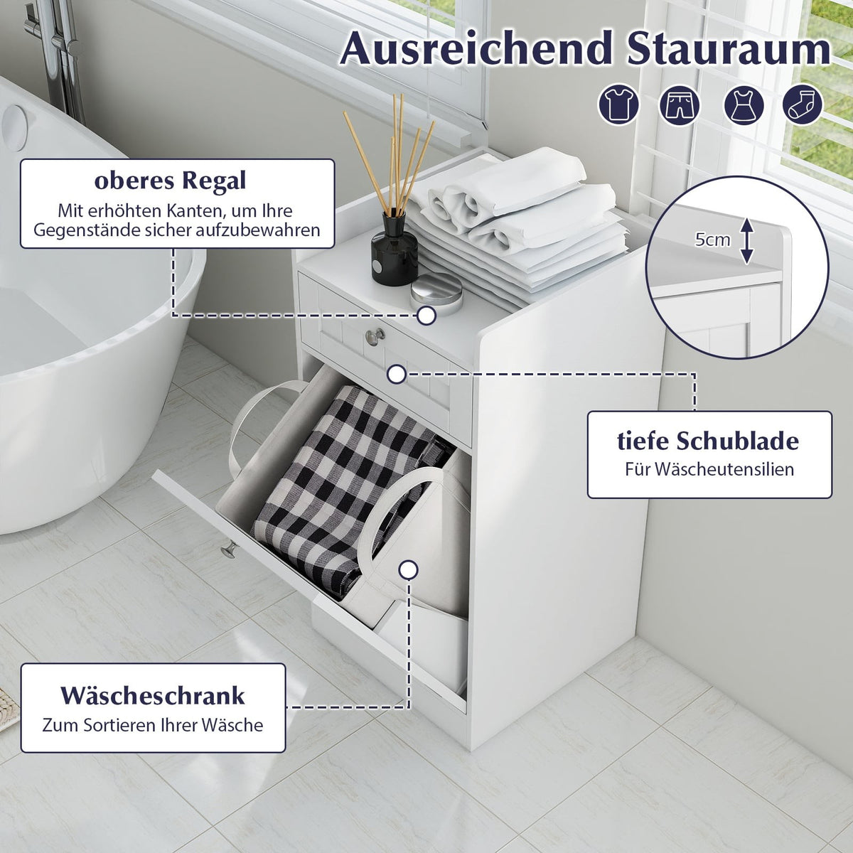 Freestanding Bathroom Laundry Cabinet with Tilt-Out Hamper
