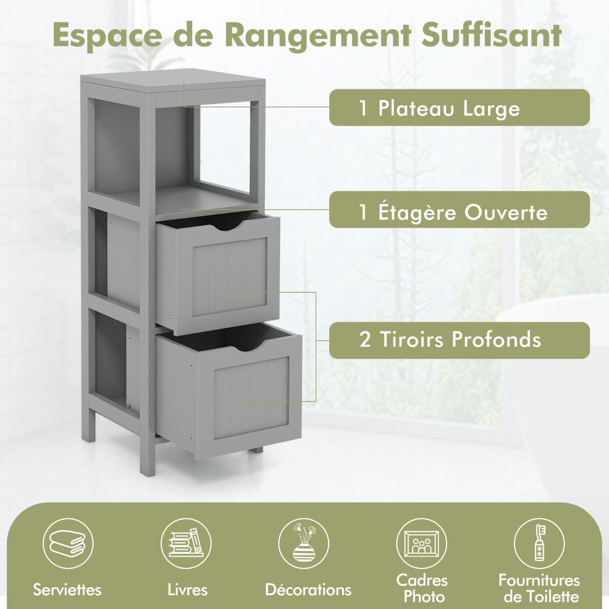 Freestanding Bathroom Storage Cabinet, 2 Removable Drawers