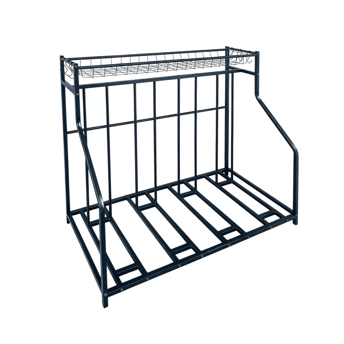 Freestanding Bike Rack With Basket, Adjustable Slots; 6 Hooks
