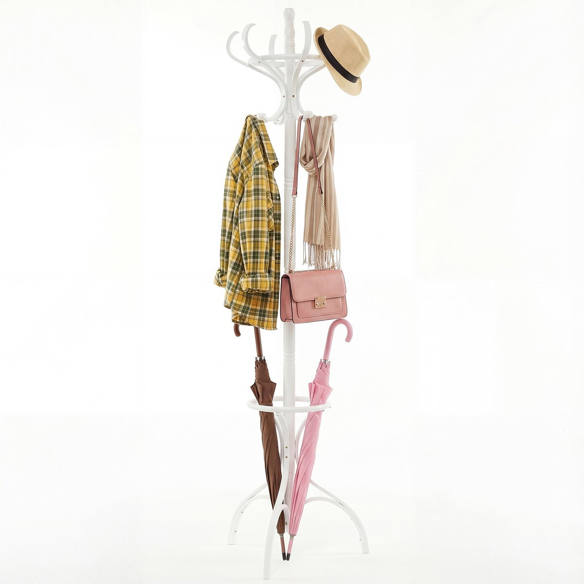 Freestanding Birch Coat Rack, 12 Hooks, 360 Swivel