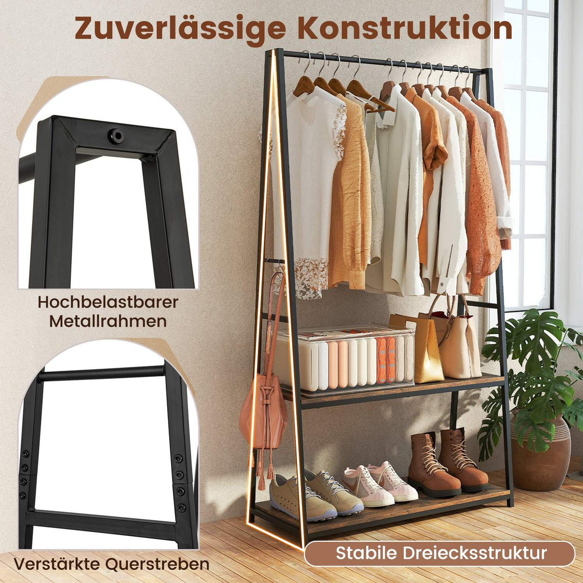 Freestanding Clothes Rack with Shelves & Sturdy Rod