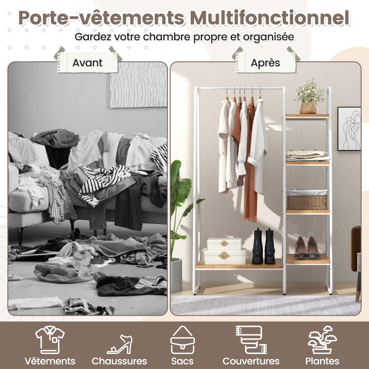 Freestanding Clothing Rack with 5-Tier Shelves, White