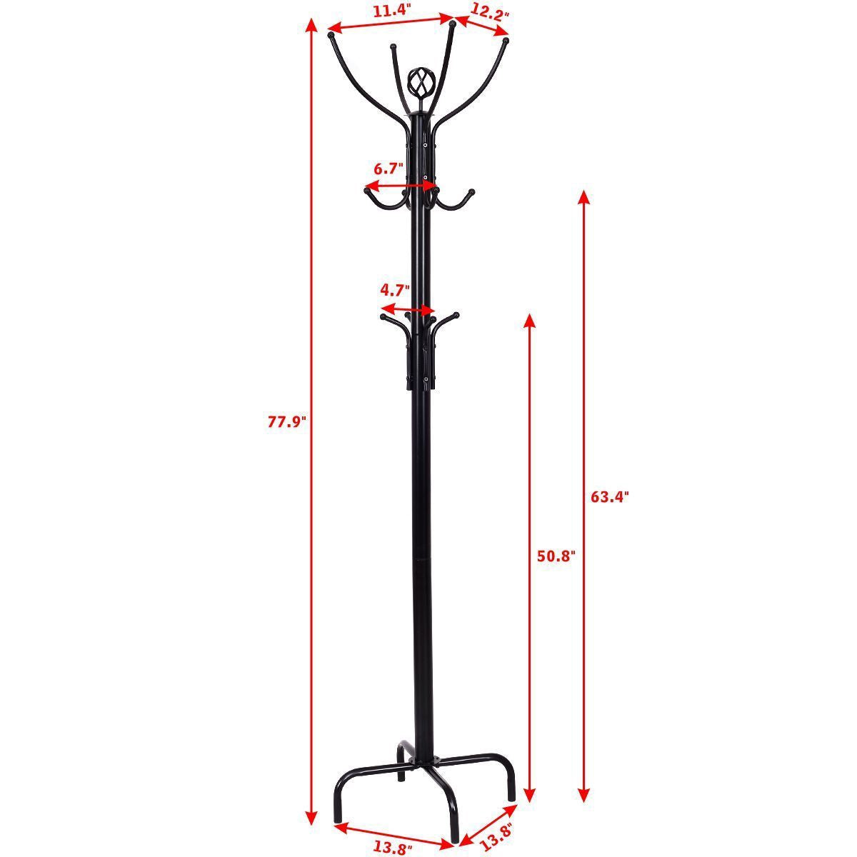 Freestanding Coat Rack, 12 Hooks, Steel Frame, 200 cm