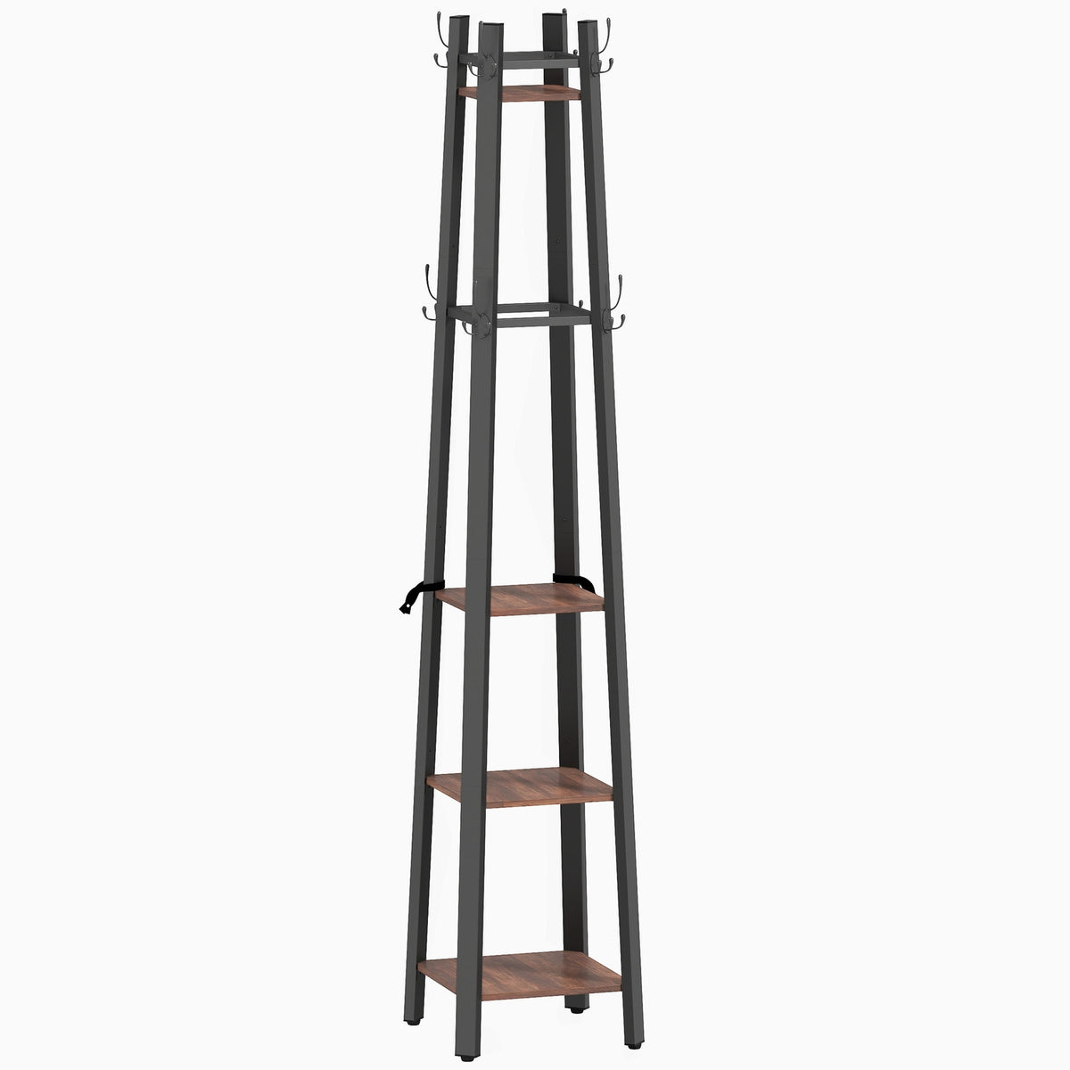 Freestanding Coat Rack, 4 Shelves, 8 Hooks, Industrial Style