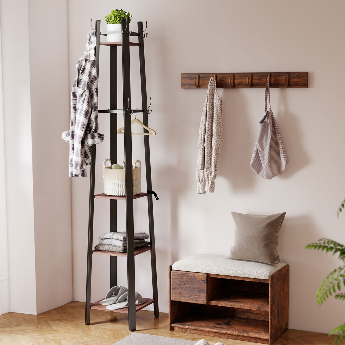 Freestanding Coat Rack, 4 Shelves, 8 Hooks, Industrial Style